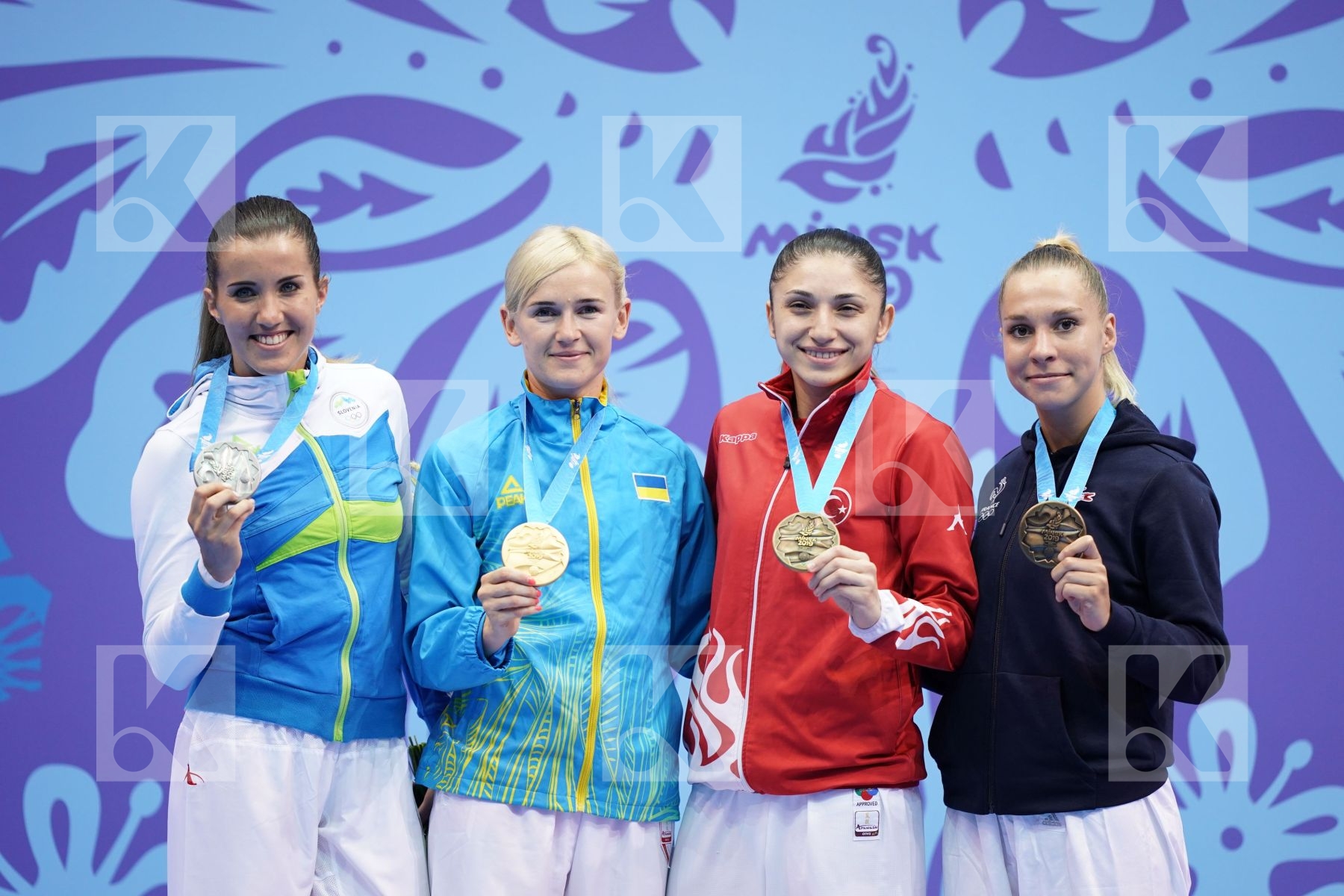 SEROGINA ANITA (UKRAINE), RISTIC TJASA (SLOVENIA), PHILIPPE GWENDOLINE (FRANCE), COBAN MERVE (TURKEY) in Senior Kumite -61 Kg - podium ceremony