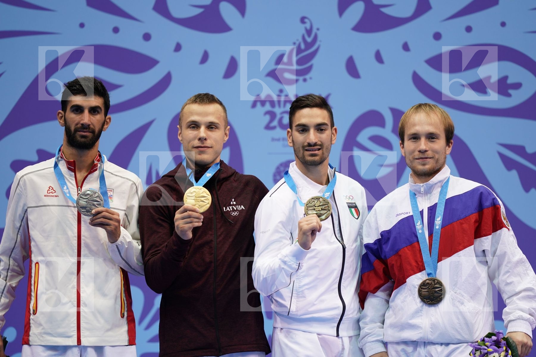 KALNINS KALVIS (LATVIA), FARZALIYEV FIRDOVSI (AZERBAIJAN), CRESCENZO ANGELO (ITALY), PLAKHUTIN EVGENY (RUSSIAN FEDERATION) in Senior Kumite -60 Kg - podium ceremony