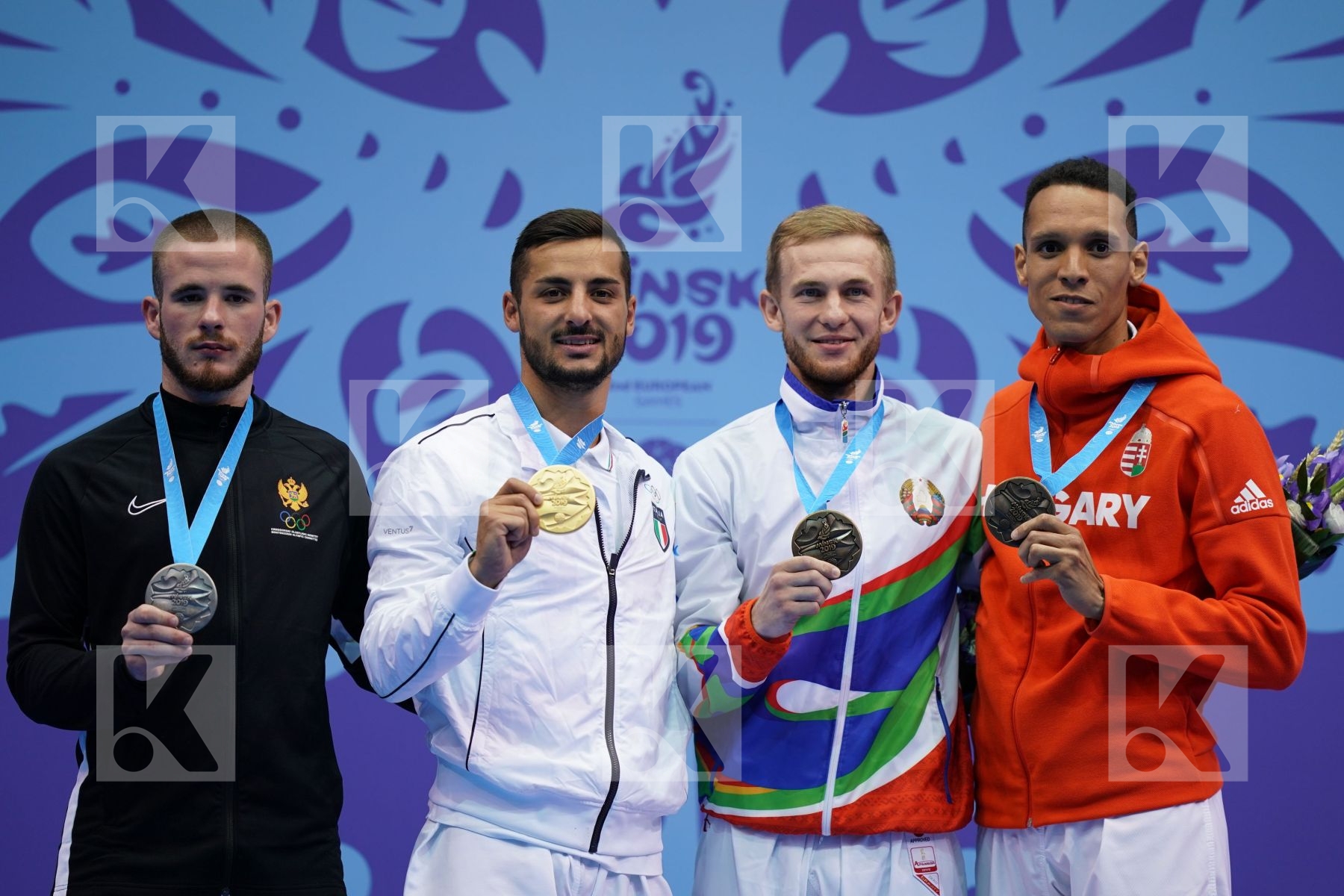 MARESCA LUCA (ITALY), HODZIC MARIO (MONTENEGRO), KRAUTSOU ARTSIOM (BELARUS), TADISSI YVES MARTIAL (HUNGARY) in Senior Kumite -67 Kg - podium ceremony