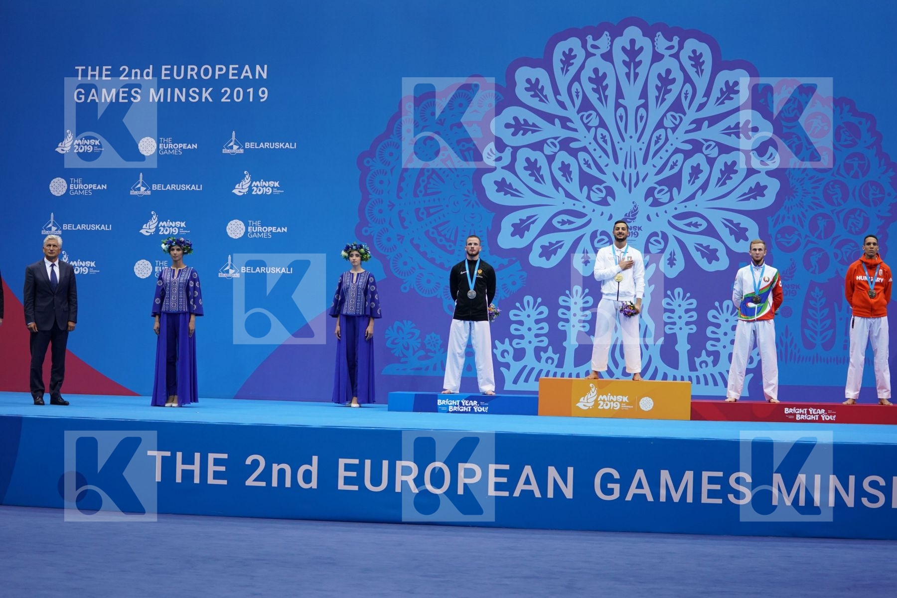 MARESCA LUCA (ITALY), HODZIC MARIO (MONTENEGRO), KRAUTSOU ARTSIOM (BELARUS), TADISSI YVES MARTIAL (HUNGARY) in Senior Kumite -67 Kg - podium ceremony