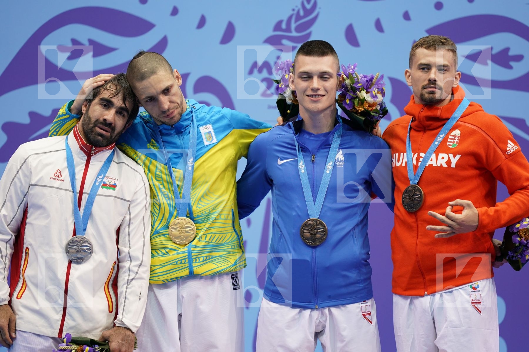 HORUNA STANISLAV (UKRAINE), AGHAYEV RAFAEL (AZERBAIJAN), HARSPATAKI GABOR (HUNGARY), ARTAMONOV PAVEL (ESTONIA) in Senior Kumite -75 Kg - podium ceremony