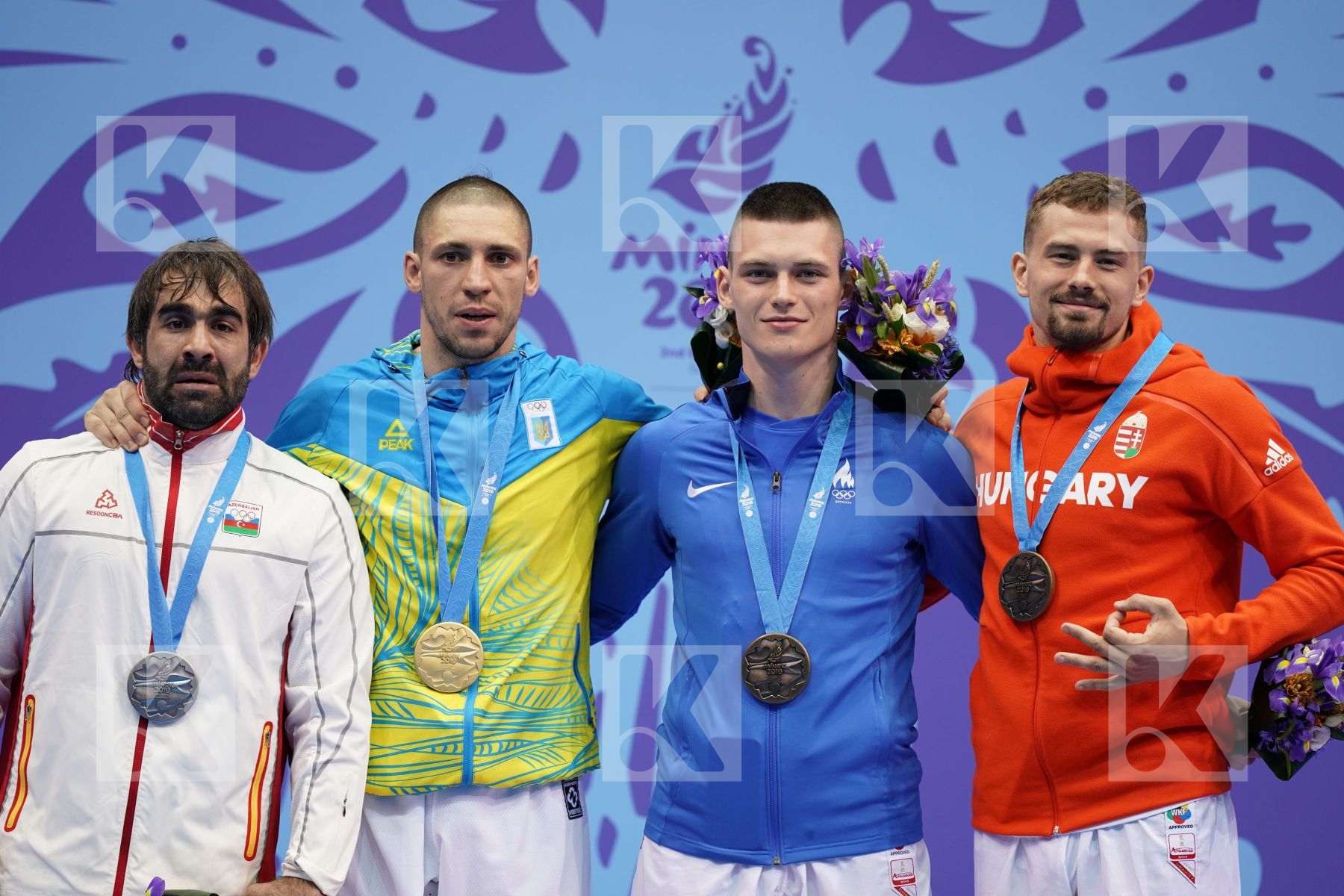 HORUNA STANISLAV (UKRAINE), AGHAYEV RAFAEL (AZERBAIJAN), HARSPATAKI GABOR (HUNGARY), ARTAMONOV PAVEL (ESTONIA) in Senior Kumite -75 Kg - podium ceremony