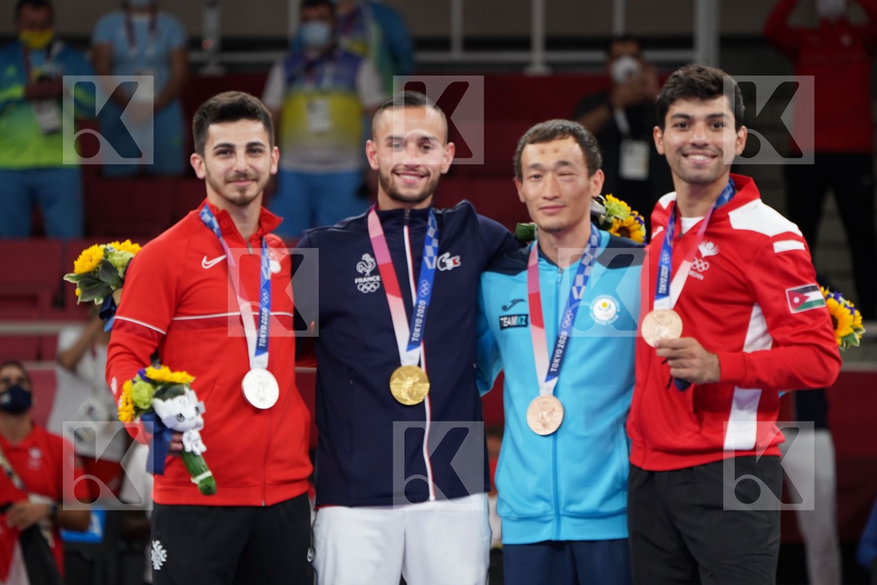 Assadilov Darkhan (Kazakhstan) - Kumite Male -67kg, Da Costa Steven (France) - Kumite Male -67kg, Almasatfa Abdel Rahman (Jordan) - Kumite Male -67kg, Samdan Eray (Turkey) - Kumite Male -67kg in Senior Kumite -67 Kg - podium ceremony