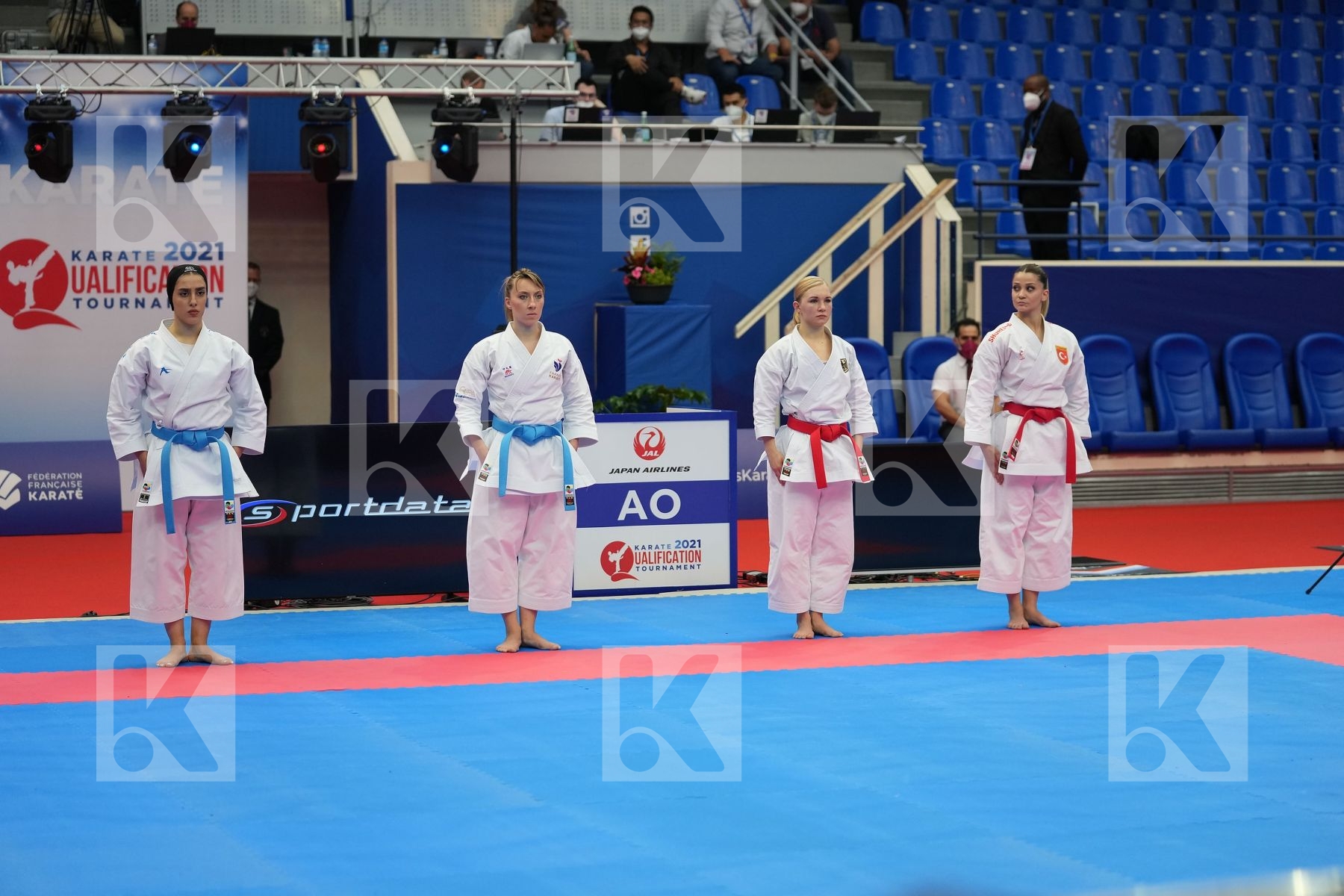 BOZAN DILARA (TURKEY), FERACCI ALEXANDRA (FRANCE), JUETTNER JASMIN (GERMANY), SADEGHI DASTAK FATEMEH (ISLAMIC REPUBLIC OF IRAN) in Olympic Category - Kata Female - Round Robin bout
