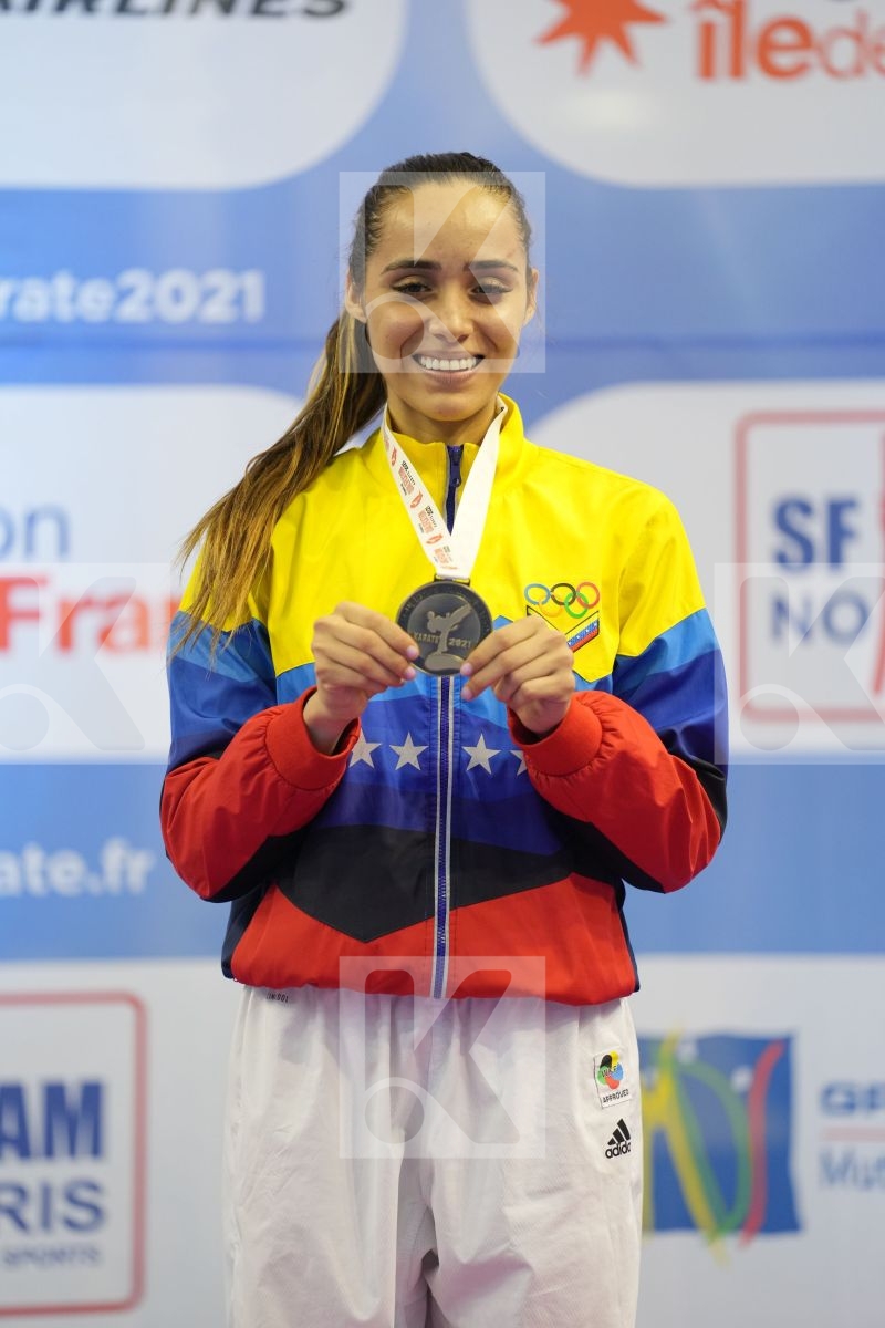 SADINI BTISSAM (MOROCCO), SEROGINA ANITA (UKRAINE), GARCES SEQUERA CLAUDYMAR (VENEZUELA), ZAKHAROVA SABINA (KAZAKHSTAN) in Olympic Category - Kumite Female -61 KG - Podium Ceremony