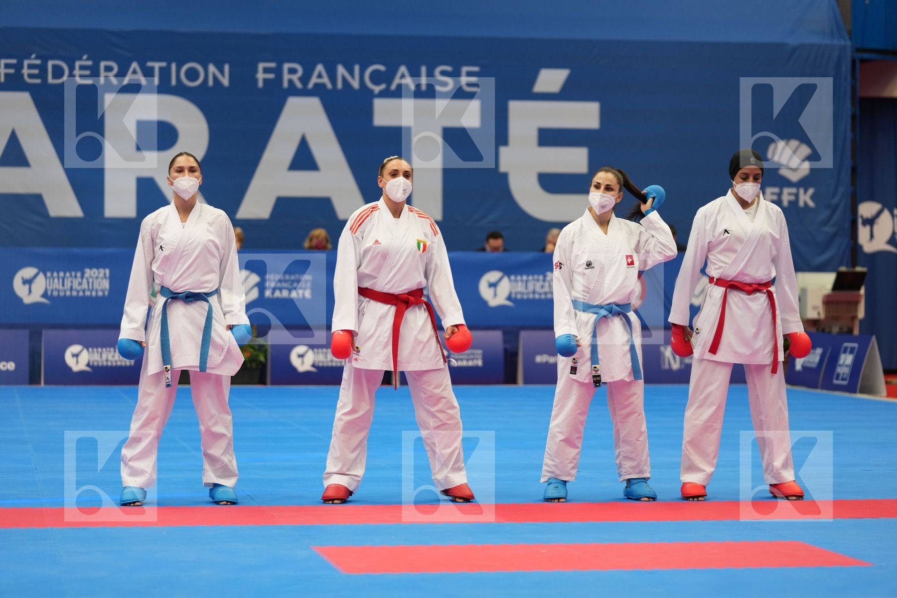 QUIRICI ELENA (SWITZERLAND), SEMERARO SILVIA (ITALY), ABDELAZIZ FERYAL (EGYPT), BRATIC MELISSA (CANADA) in Olympic Category - Kumite Female 61+ KG - Round Robin bout