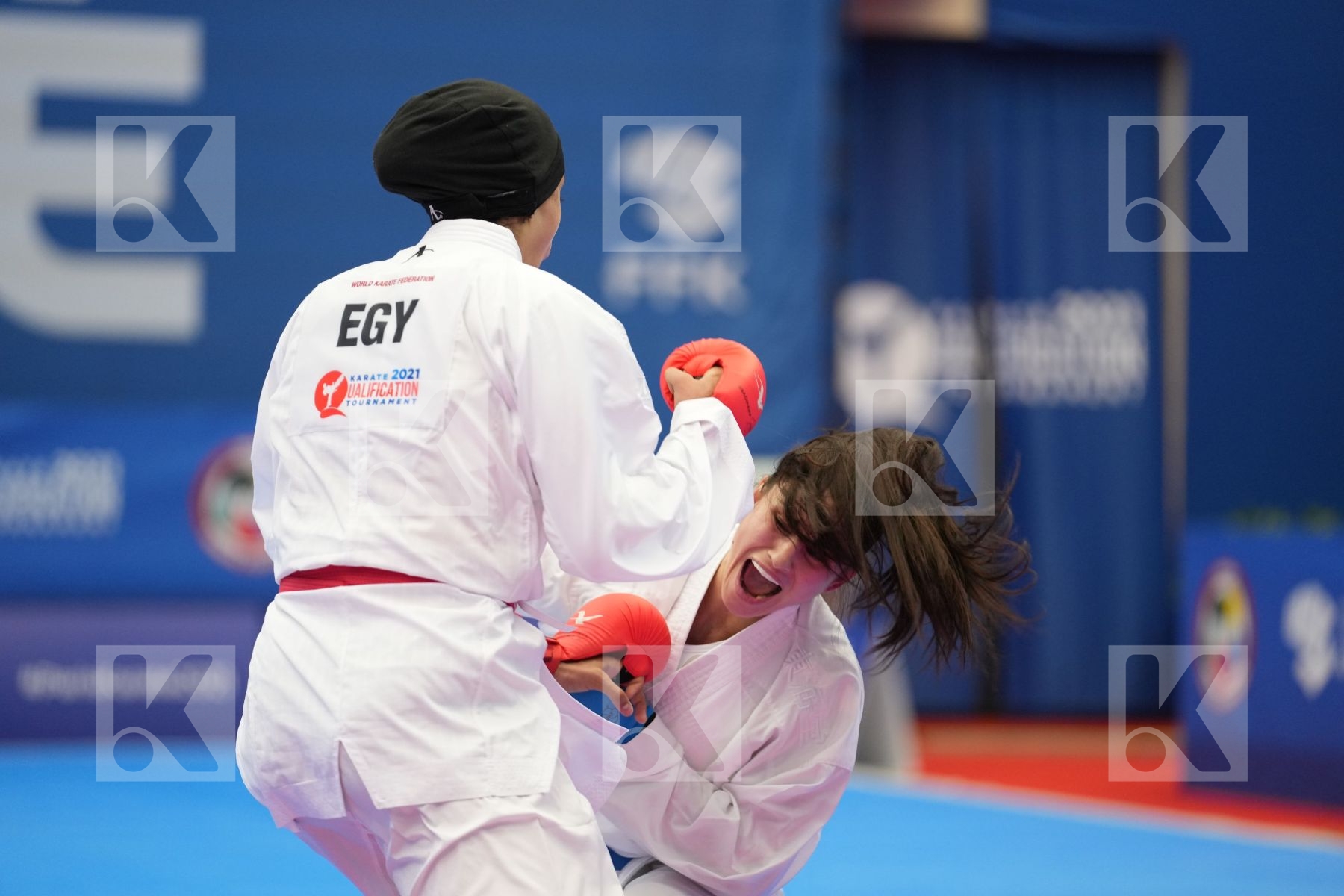 QUIRICI ELENA (SWITZERLAND), ABDELAZIZ FERYAL (EGYPT) in Olympic Category - Kumite Female 61+ KG - Round Robin bout