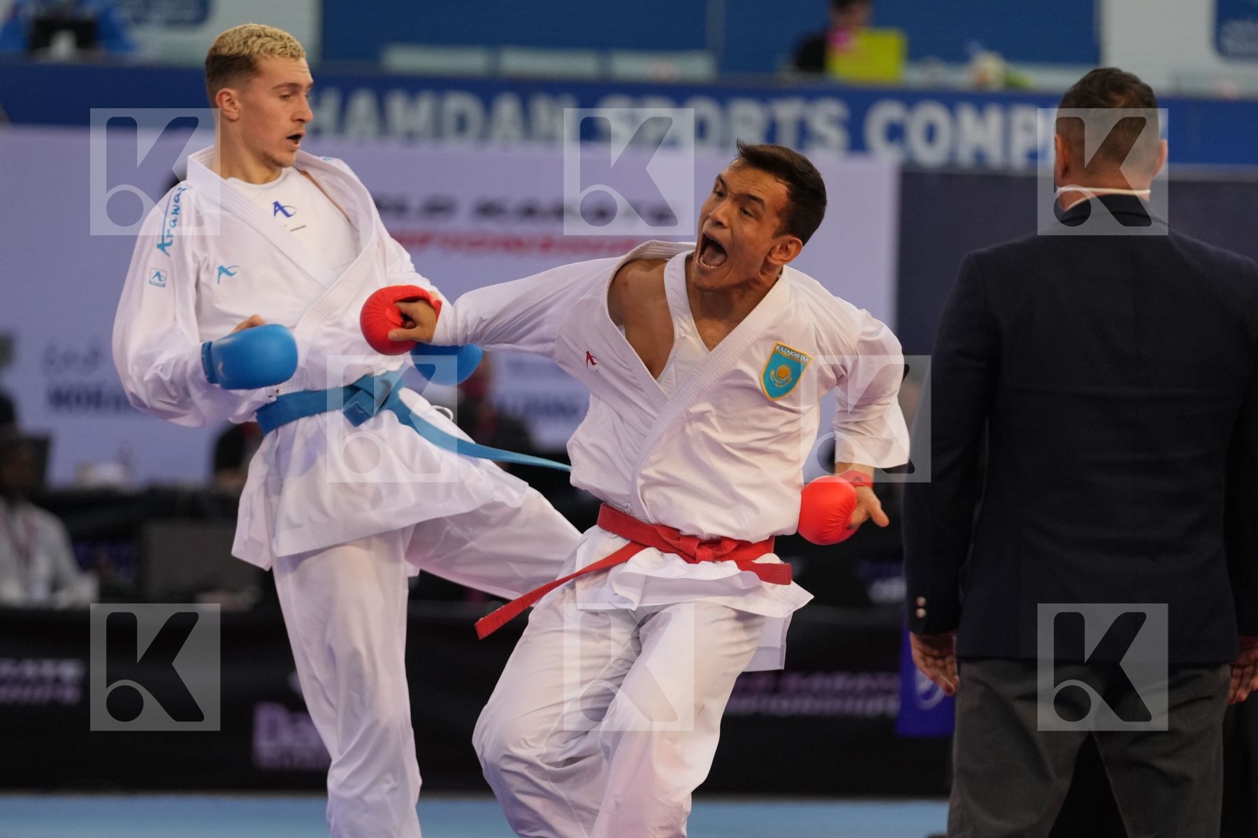 AZHIKANOV NURKANAT (KAZAKHSTAN) vs MAHAUDEN QUENTIN (BELGIUM) in Male Kumite -75 Kg - bronze bout