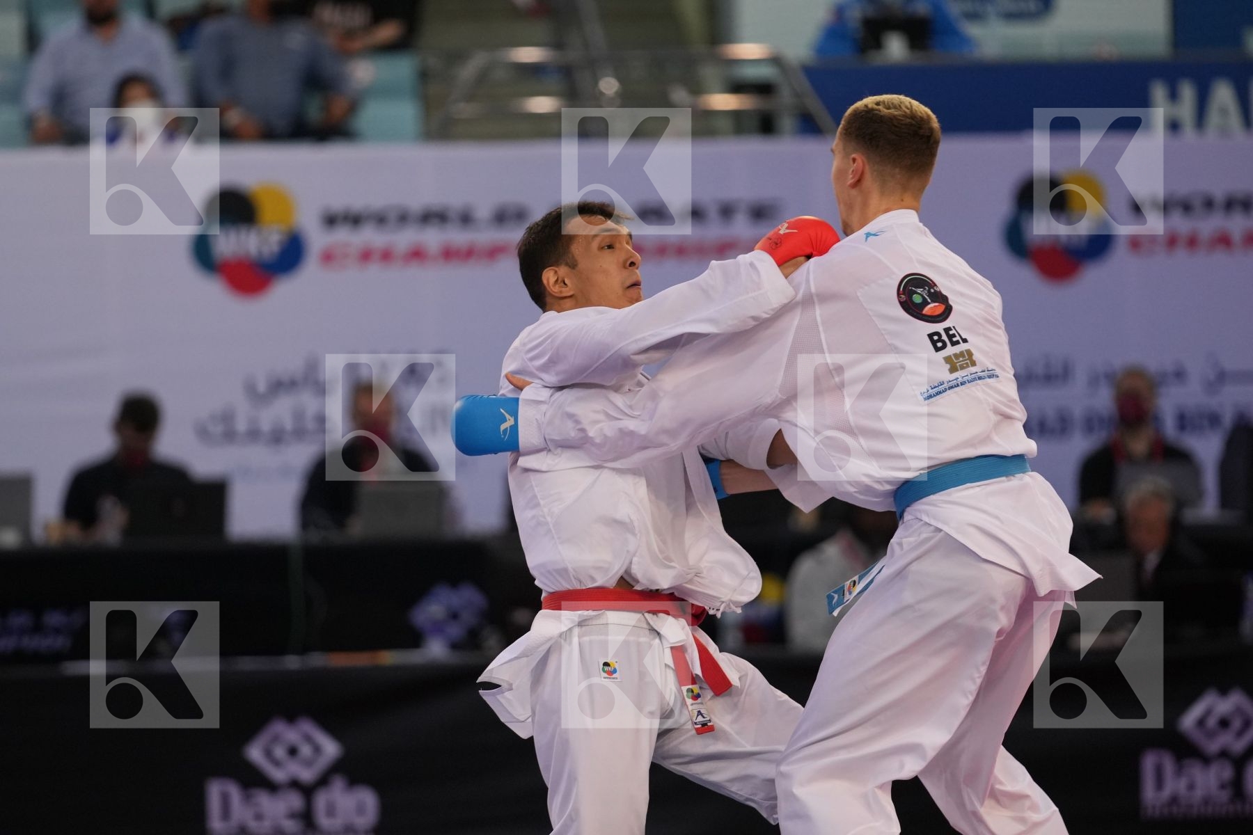 AZHIKANOV NURKANAT (KAZAKHSTAN) vs MAHAUDEN QUENTIN (BELGIUM) in Male Kumite -75 Kg - bronze bout