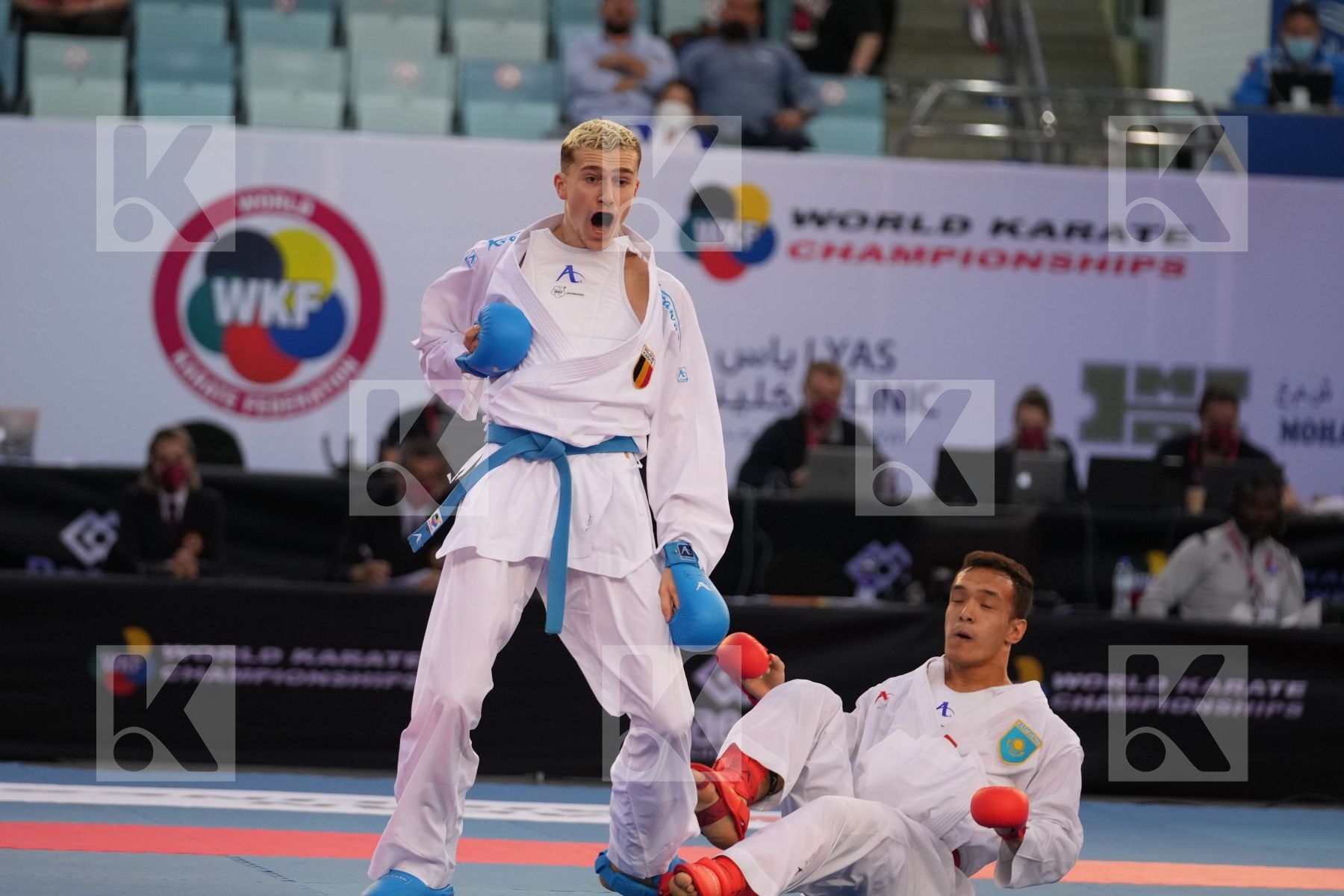 AZHIKANOV NURKANAT (KAZAKHSTAN) vs MAHAUDEN QUENTIN (BELGIUM) in Male Kumite -75 Kg - bronze bout