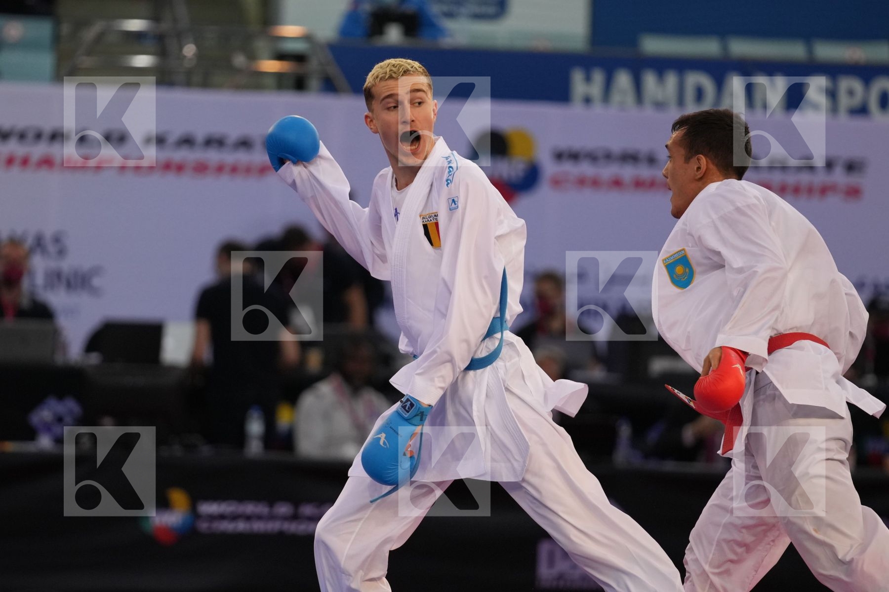 AZHIKANOV NURKANAT (KAZAKHSTAN) vs MAHAUDEN QUENTIN (BELGIUM) in Male Kumite -75 Kg - bronze bout