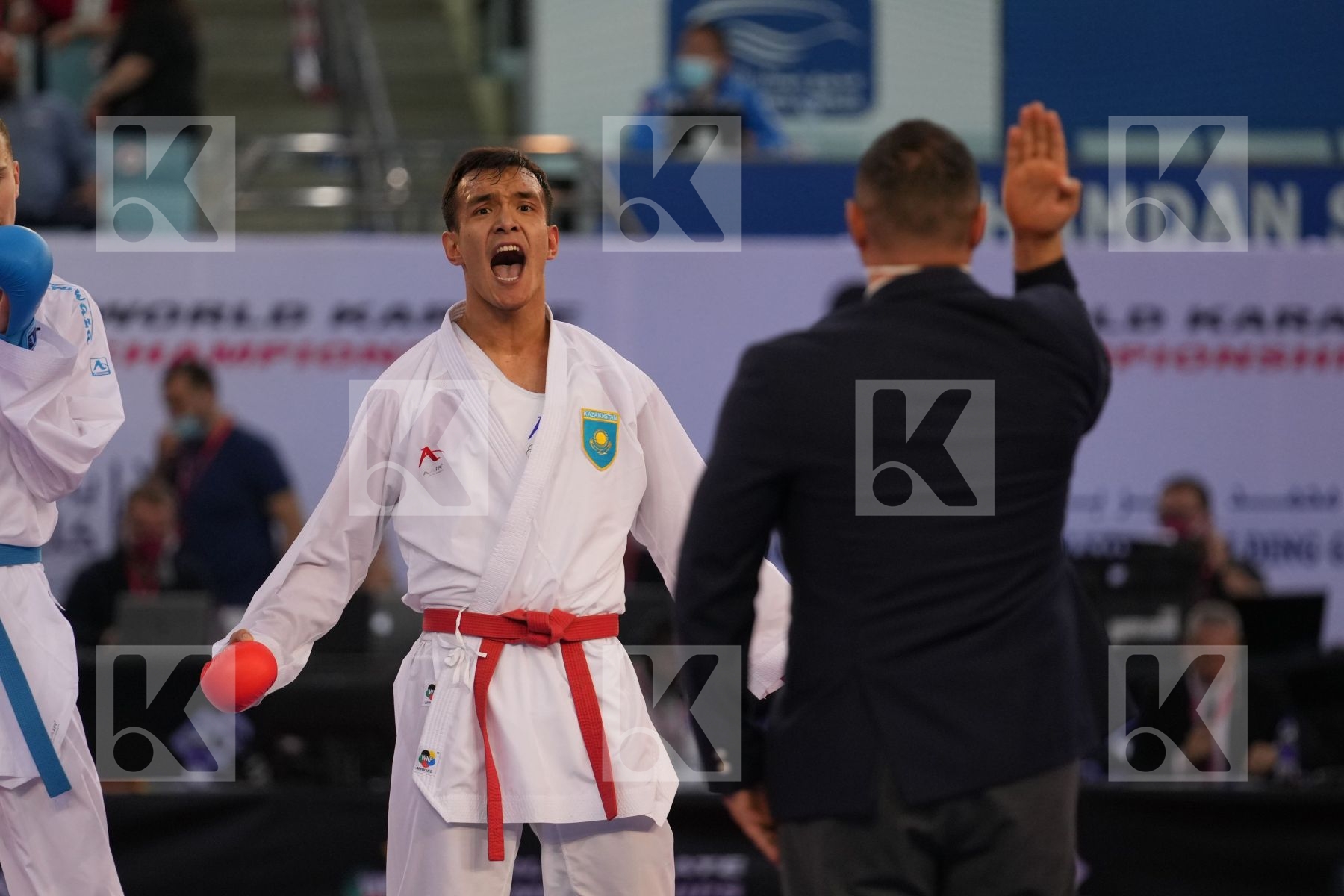 AZHIKANOV NURKANAT (KAZAKHSTAN) vs MAHAUDEN QUENTIN (BELGIUM) in Male Kumite -75 Kg - bronze bout