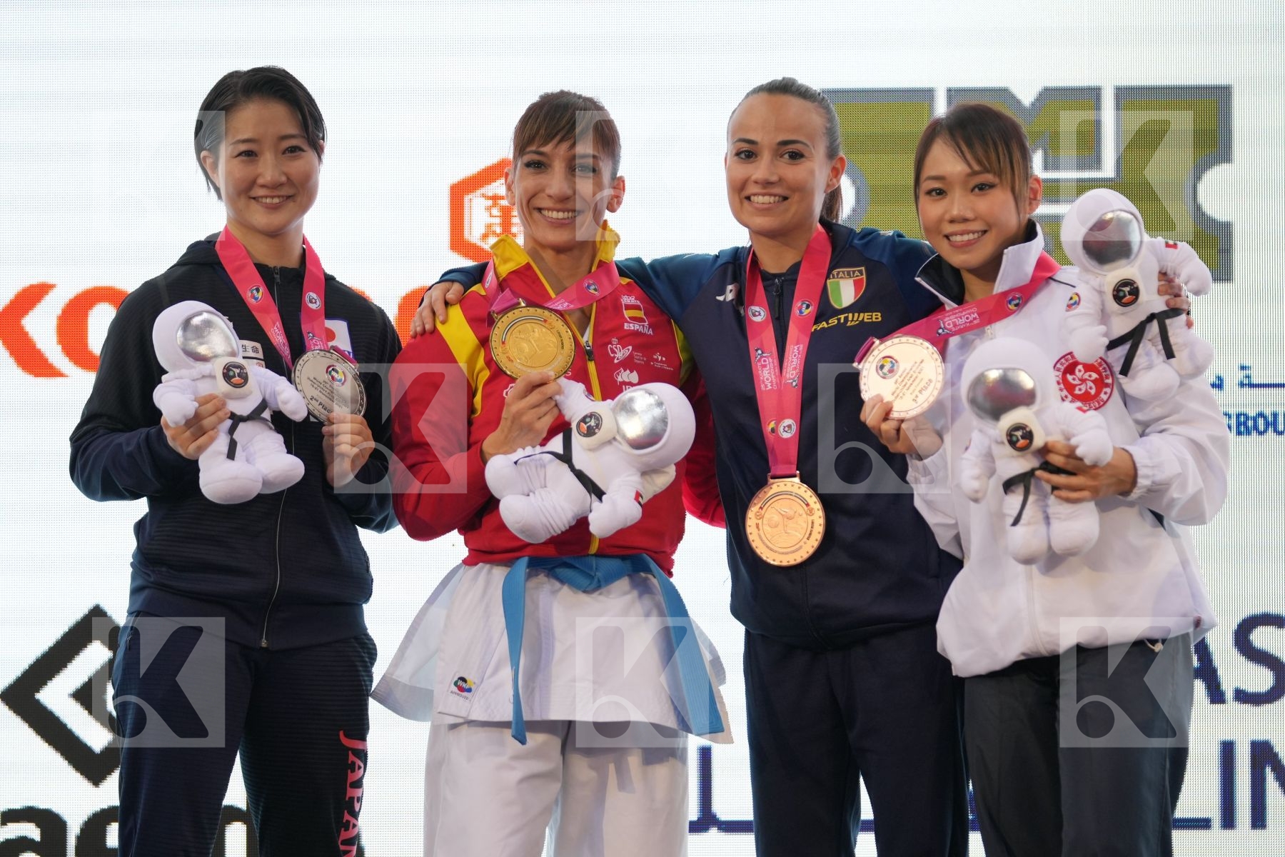 SANCHEZ JAIME SANDRA (SPAIN), ONO HIKARU (JAPAN), LAU MO SHEUNG GRACE (HONG KONG, CHINA), BOTTARO VIVIANA (ITALY) in Female Kata - podium ceremony