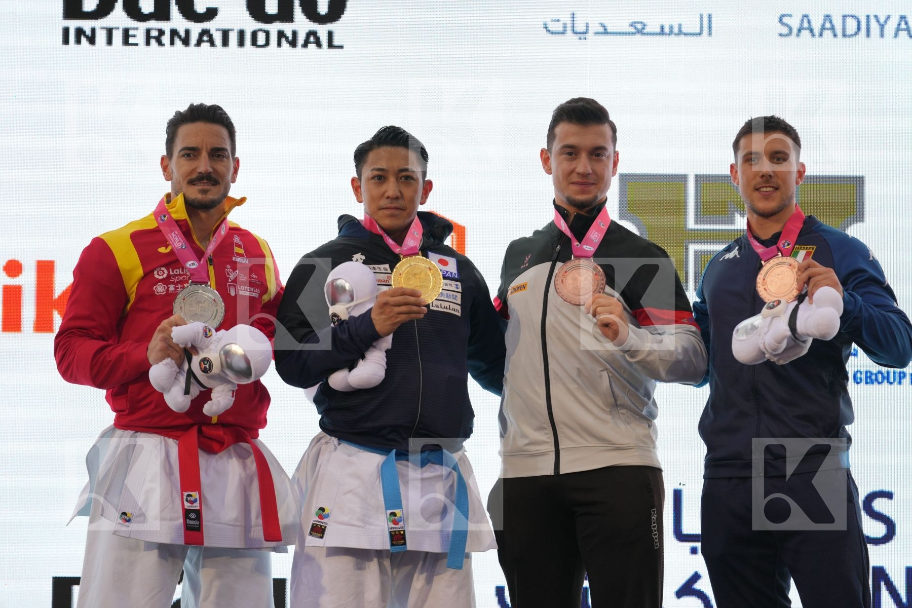 KIYUNA RYO (JAPAN), QUINTERO CAPDEVILA DAMIAN HUGO (SPAIN), BUSATO MATTIA (ITALY), SOFUOGLU ALI (TURKEY) in Male Kata - podium ceremony