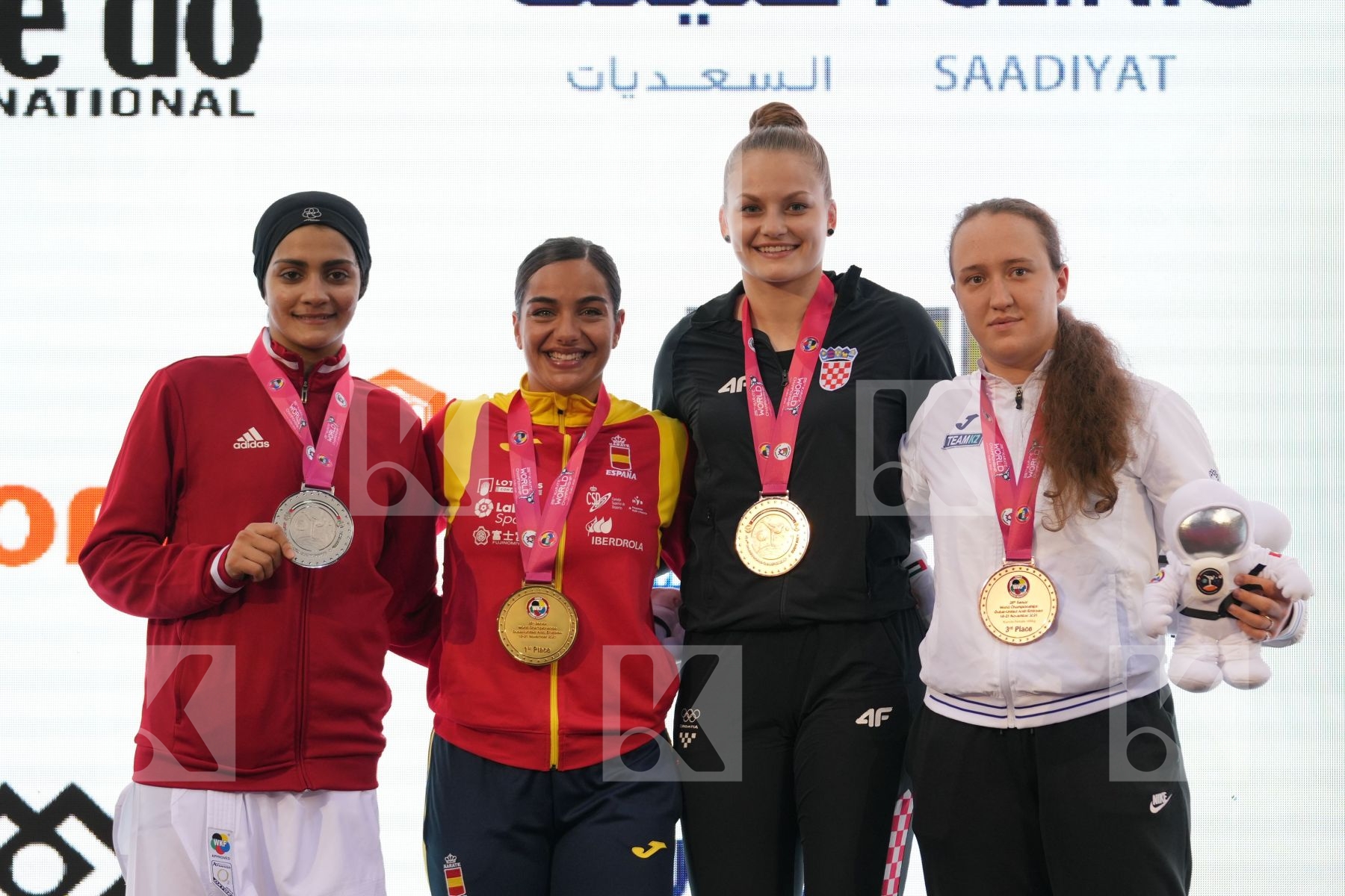 TORRES GARCIA MARIA (SPAIN), OKILA MENNA SHAABAN (EGYPT), BERULTSEVA SOFYA (KAZAKHSTAN), LESJAK LUCIJA (CROATIA) in Female Kumite 68+ Kg - podium ceremony