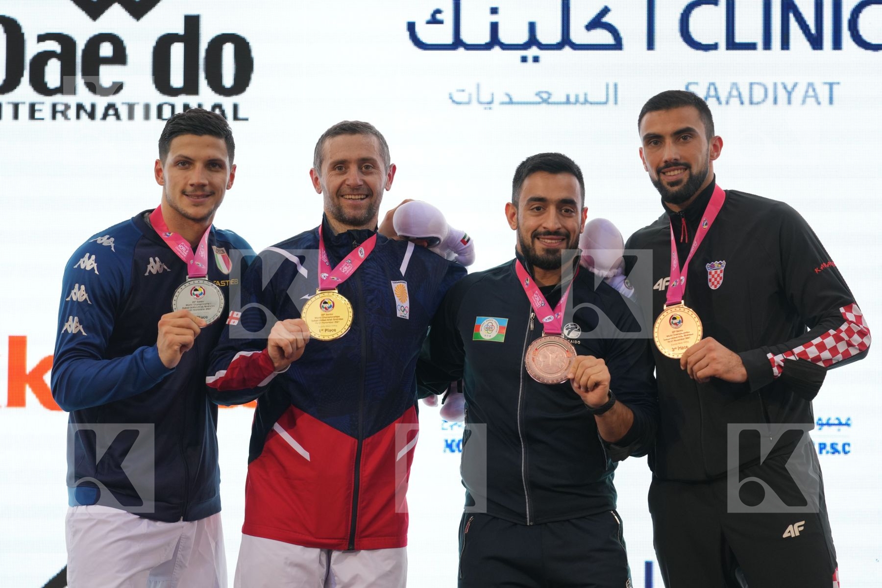 ARKANIA GOGITA (GEORGIA), MARINO SIMONE (ITALY), KVESIC ANDJELO (CROATIA), GURBANLI ASIMAN (AZERBAIJAN) in Male Kumite 84+ Kg - podium ceremony