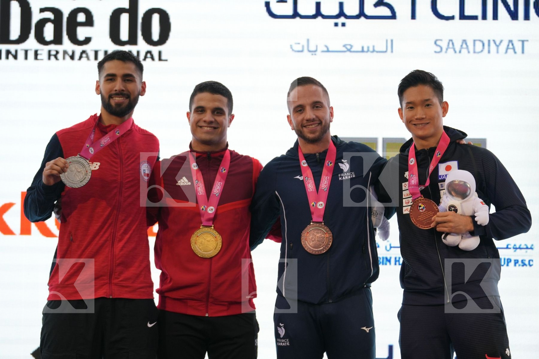 BADAWY YOUSSEF (EGYPT), HUAIQUIMAN FABIAN (CHILE), MORI YUTA (JAPAN), DA COSTA JESSIE (FRANCE) in Male Kumite -84 Kg - podium ceremony