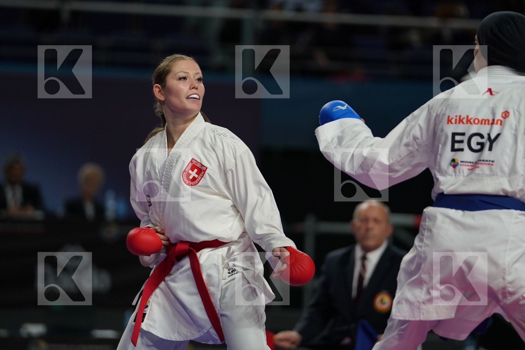 Switzerland (BRUEDERLIN, KORNFELD, QUIRICI, RADJENOVIC) vs EGYPT (ABDELAZIZ, ABOUEL_YAZED, AHMED, LOTFY) in Senior Team Female Kata - Bronze bout