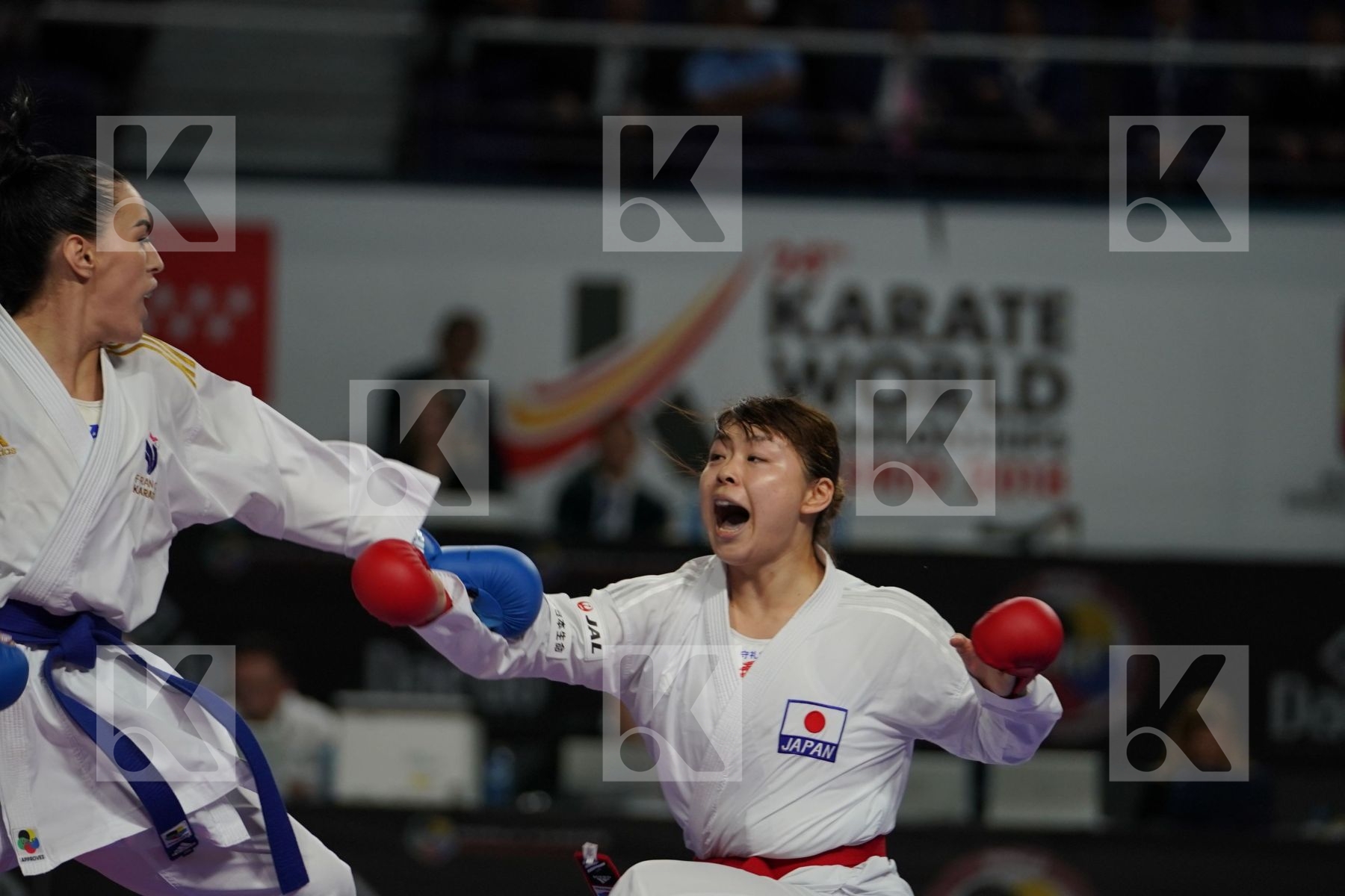 Japan (KAWAMURA, SAITO, SOMEYA, UEKUSA) vs France (AVAZERI, BRITO, HEURTAULT, SIVERT) in Senior Team Female Kumite - Final bout