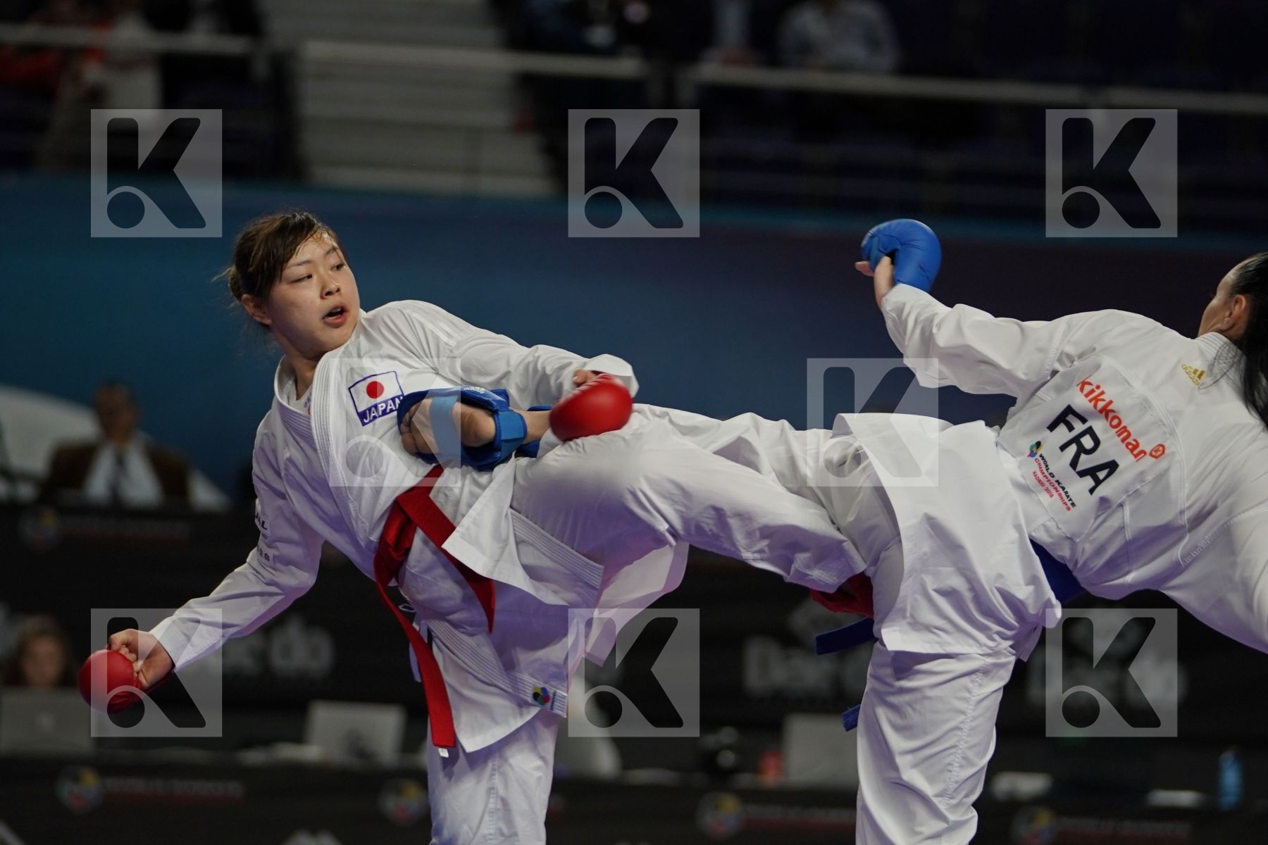 Japan (KAWAMURA, SAITO, SOMEYA, UEKUSA) vs France (AVAZERI, BRITO, HEURTAULT, SIVERT) in Senior Team Female Kumite - Final bout