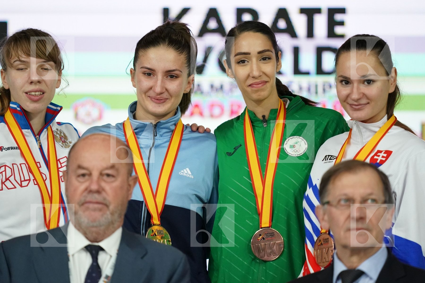 IRINA ZARETSKA (AZERBAIJAN), VICTORIA  ISAEVA  (RUSSIAN FEDERATION), MIROSLAVA KOPUNOVA (SLOVAKIA), LAMYA MATOUB (ALGERIA) in Senior Kumite -67 Kg - Podium ceremony