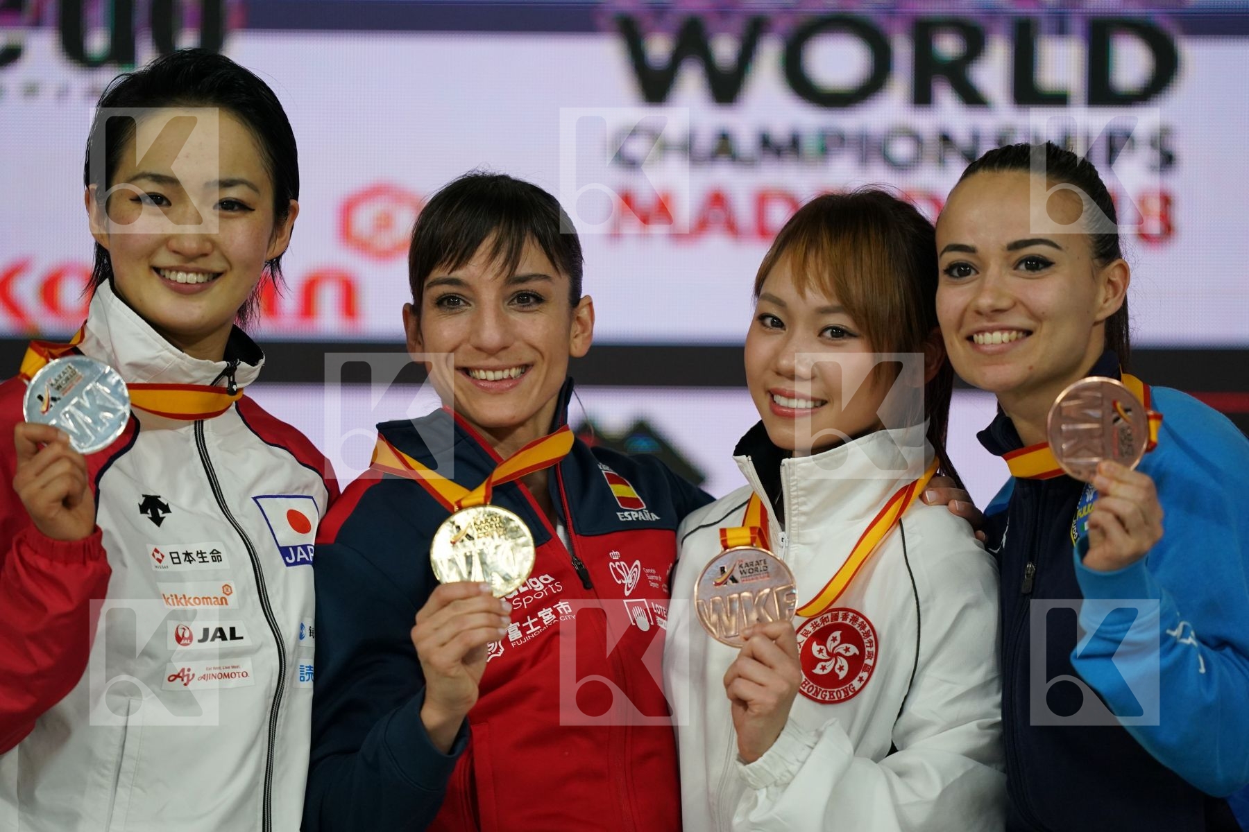 KIYOU SHIMIZU (JAPAN), SANDRA SANCHEZ JAIME (SPAIN), MO SHEUNG GRACE LAU (HONG KONG, CHINA), VIVIANA BOTTARO (ITALY) in Senior Female Kata - Podium ceremony