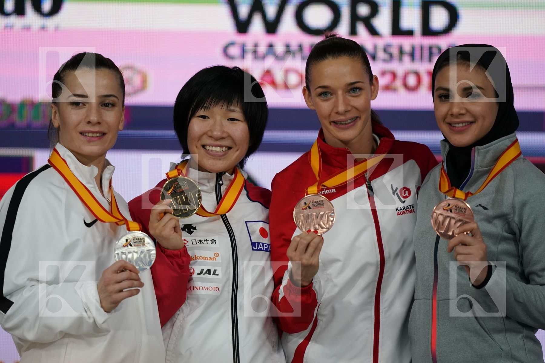 SERAP OZCELIK ARAPOGLU (TURKEY), MIHO MIYAHARA (JAPAN), BETTINA PLANK (AUSTRIA), SARA BAHMANYAR (ISLAMIC REPUBLIC OF IRAN) in Senior Kumite -50 Kg - Podium ceremony