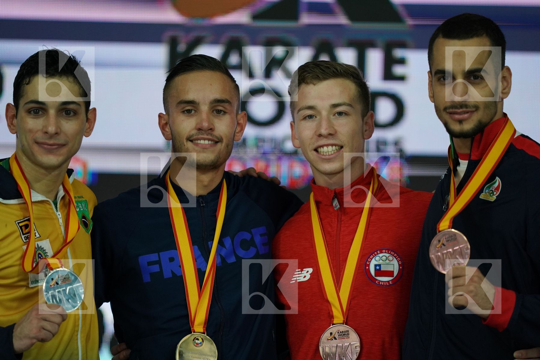 VINICIUS FIGUEIRA (BRAZIL), STEVEN DACOSTA (FRANCE), CAMILO VELOZO (CHILE), HAMOON DERAFSHIPOUR (ISLAMIC REPUBLIC OF IRAN) in Senior Kumite -67 Kg - Podium ceremony