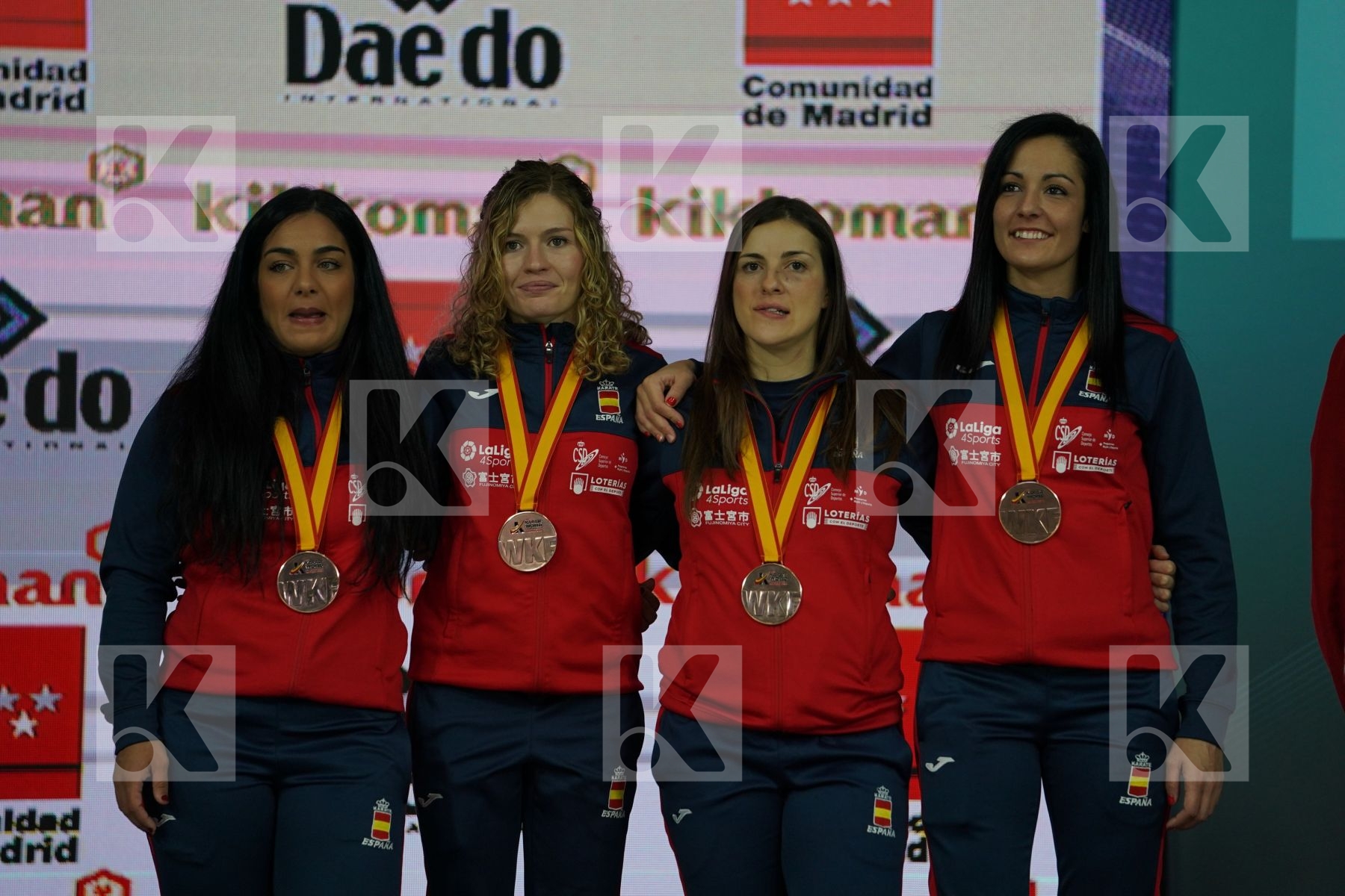 Spain (FERRER GARCIA, PALACIO GONZALEZ, TORRES GARCIA, VIZCAINO GONZALEZ) in Senior Team Female Kumite - Podium ceremony