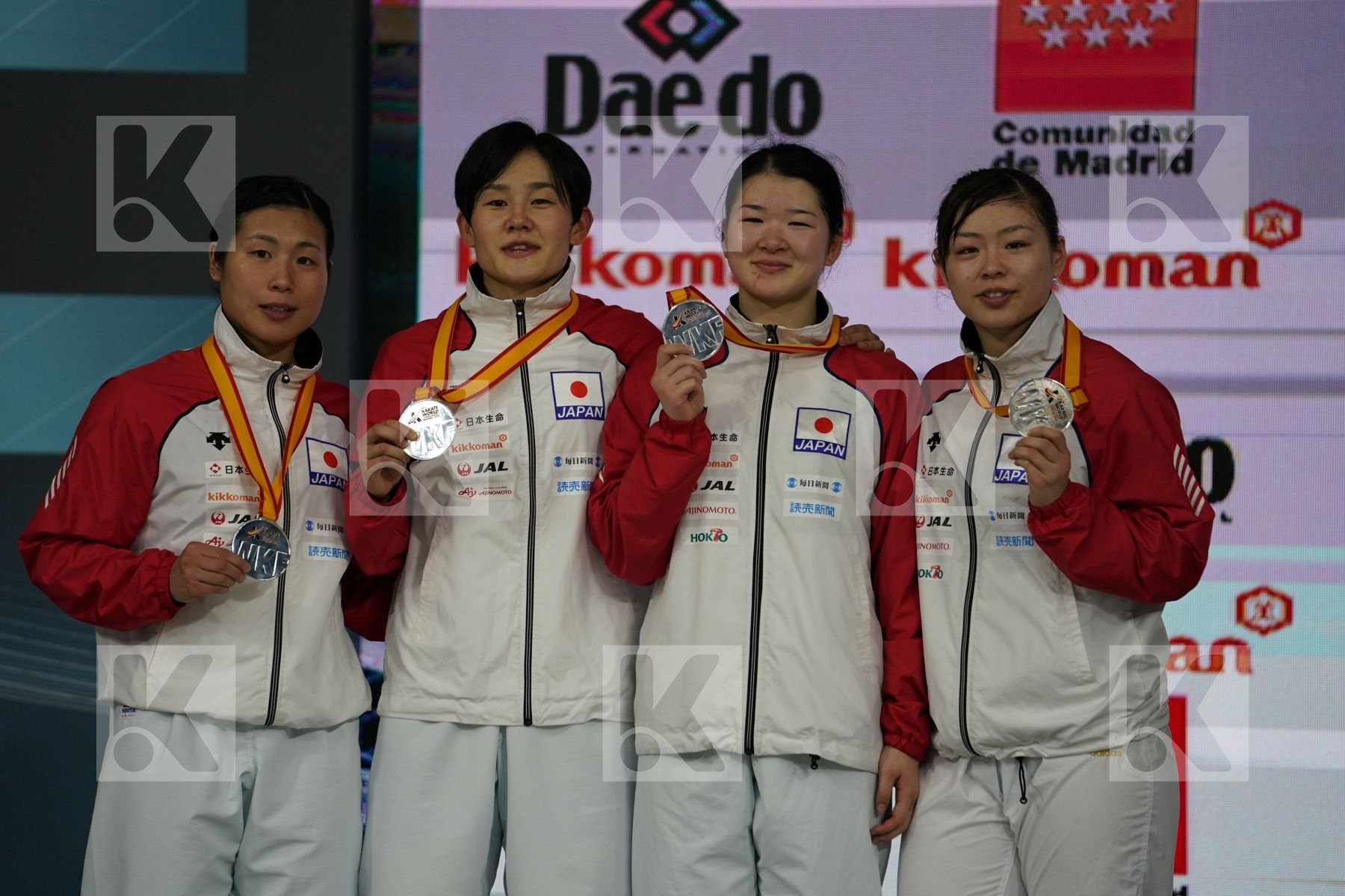 Japan (KAWAMURA, SAITO, SOMEYA, UEKUSA) in Senior Team Female Kumite - Podium ceremony