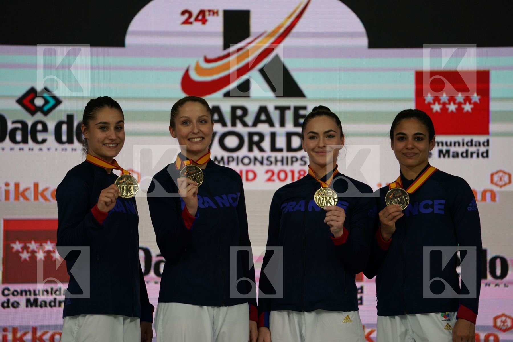 France (AVAZERI, BRITO, HEURTAULT, SIVERT) in Senior Team Female Kumite - Podium ceremony