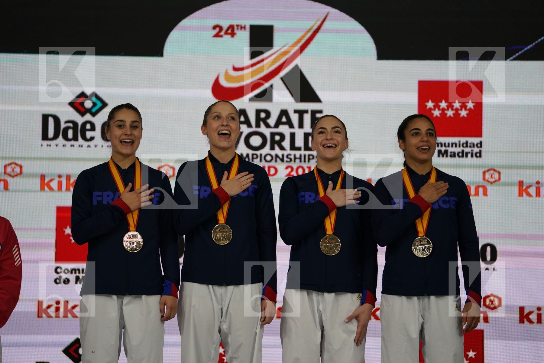 France (AVAZERI, BRITO, HEURTAULT, SIVERT) in Senior Team Female Kumite - Podium ceremony