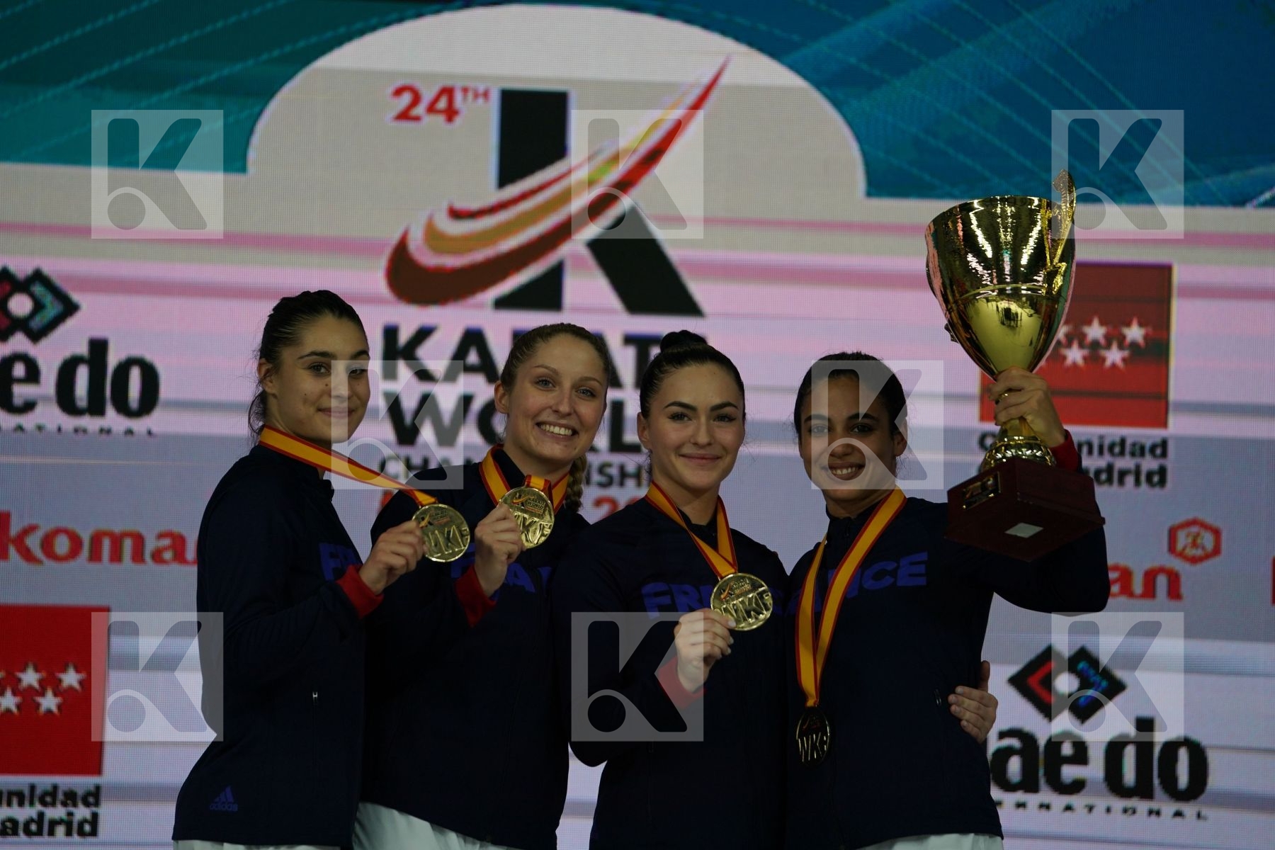 France (AVAZERI, BRITO, HEURTAULT, SIVERT) in Senior Team Female Kumite - Podium ceremony