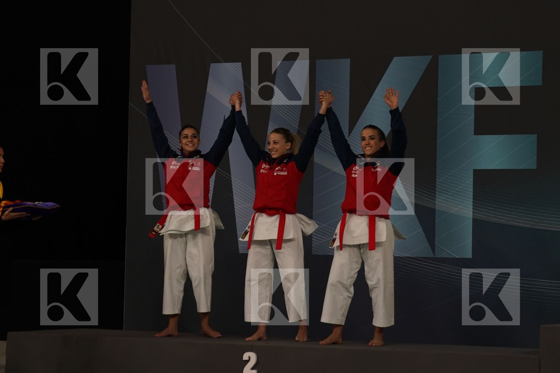 SPAIN (GARCIA LOZANO, RODRIGUEZ ENCABO, ROY RUBIO) in Senior Team Female Kata - Podium ceremony