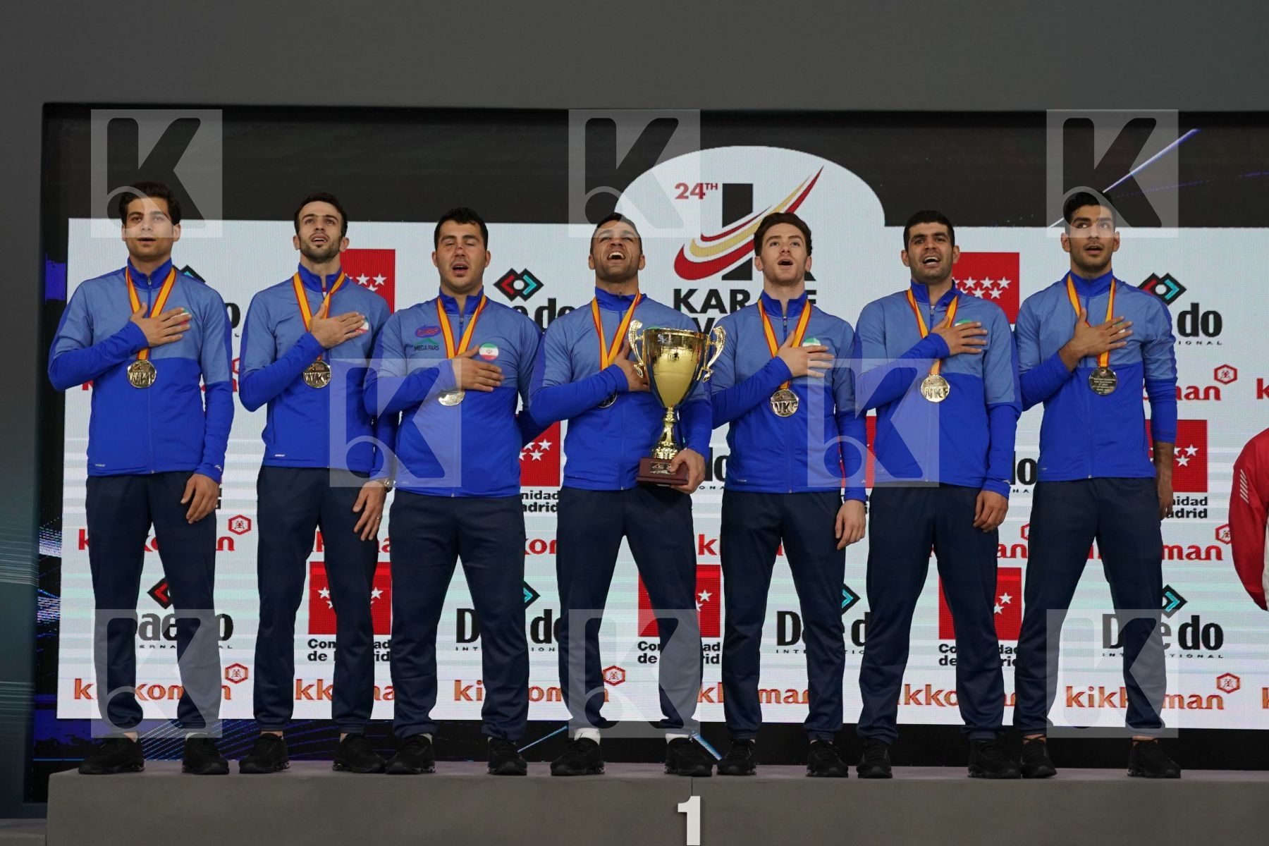 IRAN (ABAZARI, ASGARI GHONCHEH, ASIABARI, GANJZADEH, HEYDARI, KHODABAKHSHI, POORSHAB) in Senior Team Male Kumite - Podium ceremony