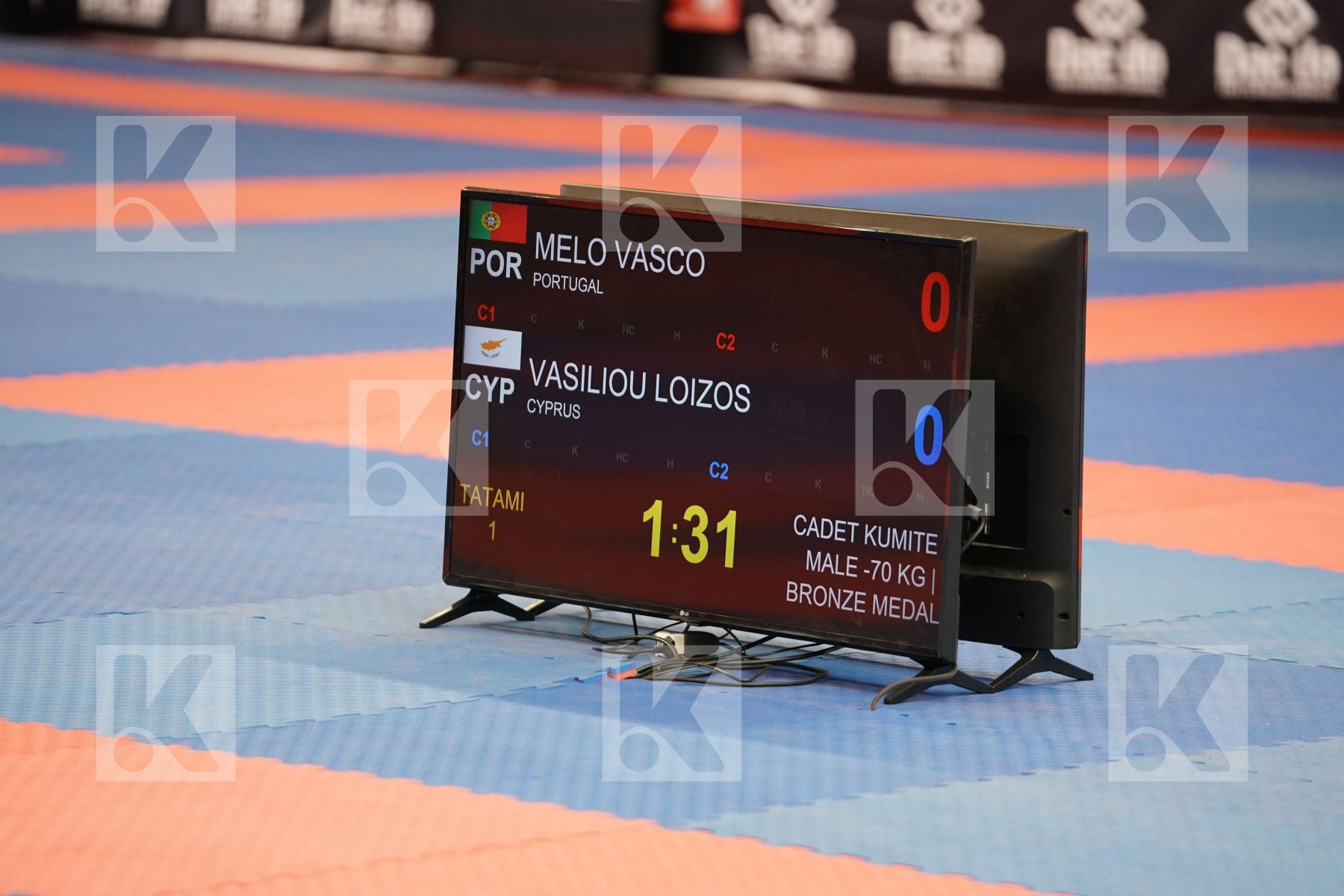 MELO VASCO (PORTUGAL) vs VASILIOU LOIZOS (CYPRUS) in Cadet Kumite Male -70 Kg - Bronze bout
