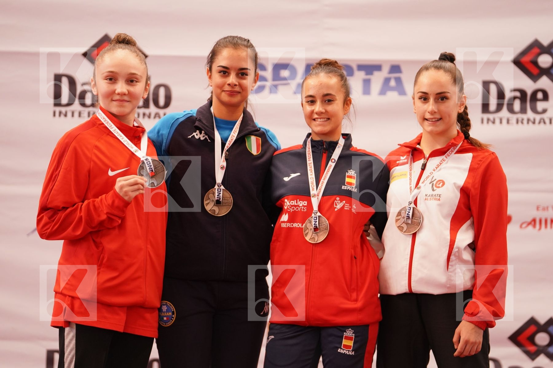INZOLI SONIA (ITALY), TUREMEN DAMLA SU (TURKEY), PEREZ ALVEZ AZAHARA (SPAIN), CELO ISRA (AUSTRIA) in Cadet Kata Female - Podium ceremony