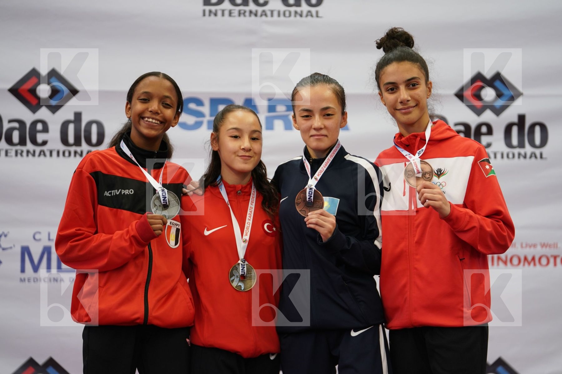 OZDEMIR MUSERREF (TURKEY), SOROUR FATMA (EGYPT), YERDAULET ASEMGUL (KAZAKHSTAN), MANSOUR LEEN (JORDAN) in Cadet Kumite Female -47 Kg - Podium ceremony
