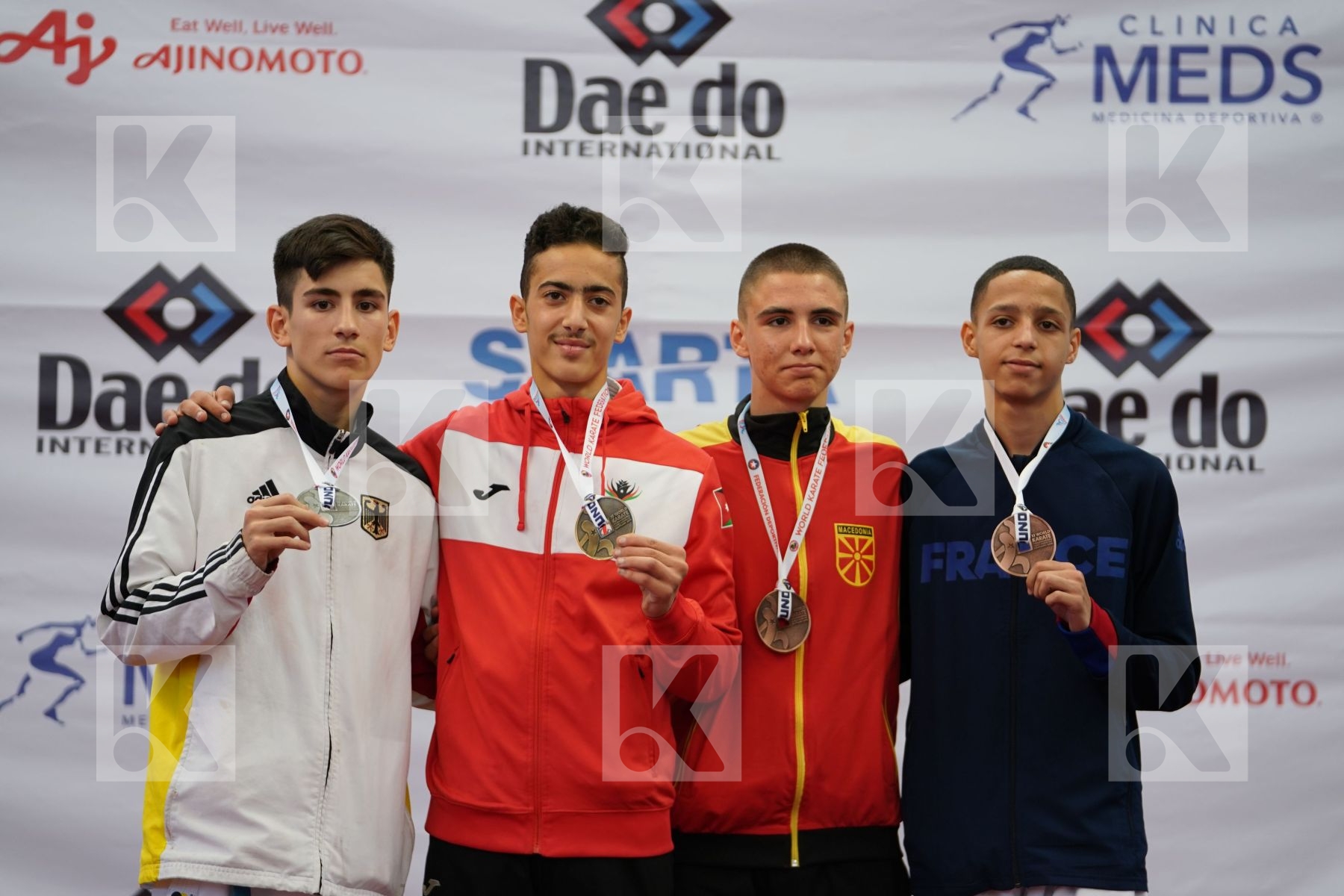 AL NAJJAR SAEED (JORDAN), OEZDEMIR MUHAMMED (GERMANY), KOSTOV BOJAN (NORTH MACEDONIA), HELLAL AMINE (FRANCE) in Cadet Kumite Male -52 Kg - Podium ceremony