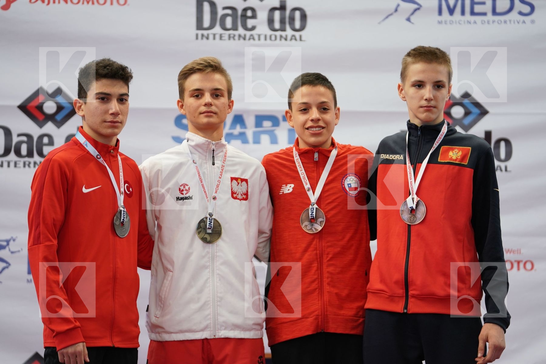 DZIUDA DOMINIK (POLAND), KURT ENES FATIH (TURKEY), CARRASCO IVAN (CHILE), MIKULIC NEMANJA (MONTENEGRO) in Cadet Kumite Male -57 Kg - Podium ceremony