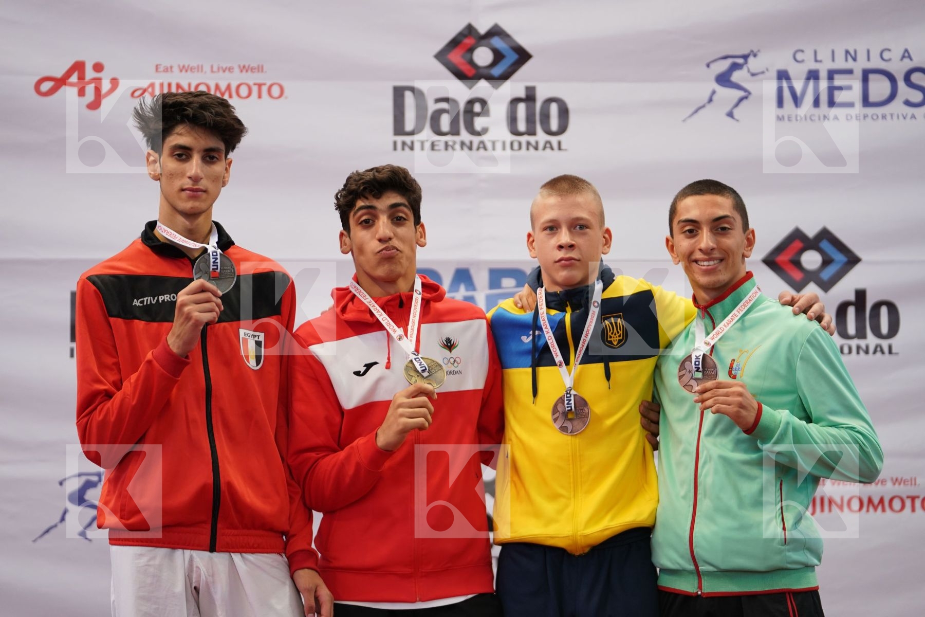 ALJAFARI MOHAMMAD (JORDAN), GHONEM HOSSAM (EGYPT), MELO VASCO (PORTUGAL), SHEVCHENKO VIKTOR (UKRAINE) in Cadet Kumite Male -70 Kg - Podium ceremony