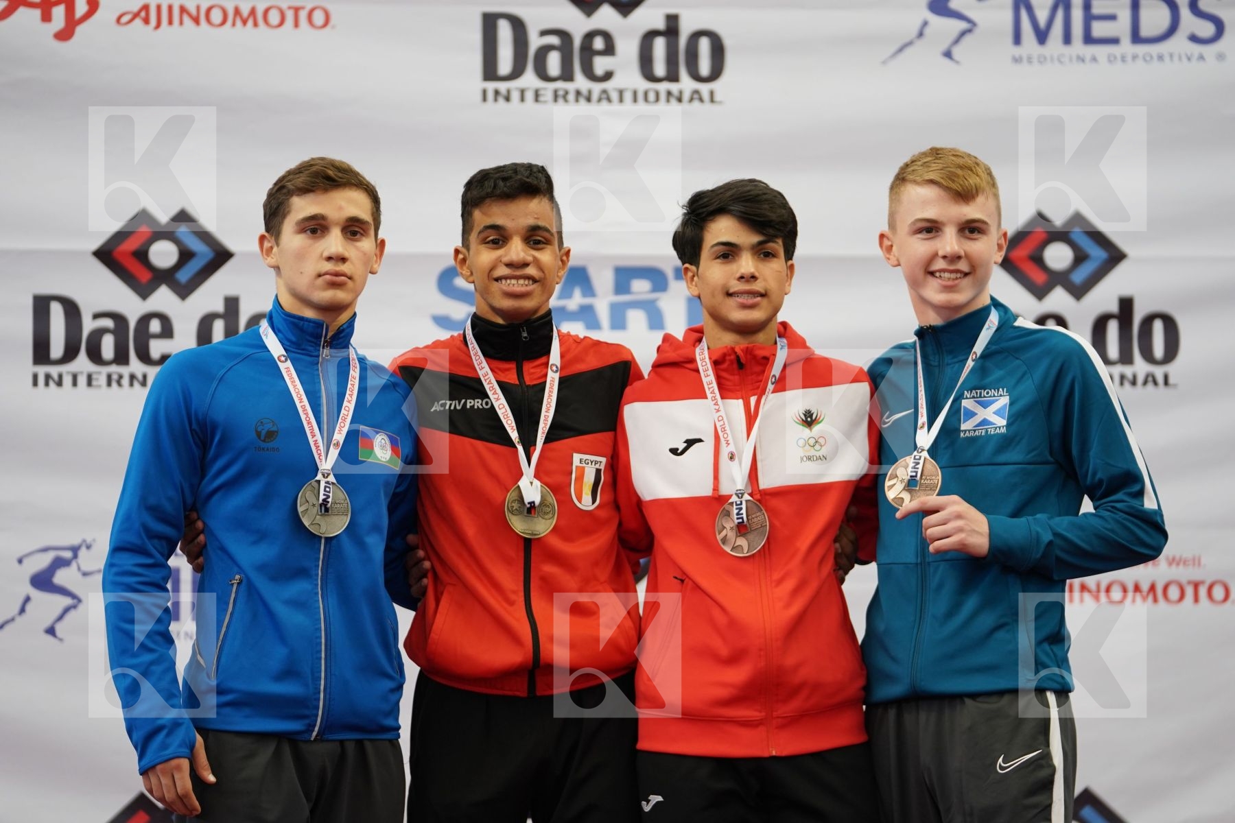 LOTFY AHMED AIMAN (EGYPT), MAMMADLI HUSEYN (AZERBAIJAN), HAMMAD ABDALLAH (JORDAN), SMART JACOB (SCOTLAND) in Junior Kumite Male -61 Kg - Podium ceremony