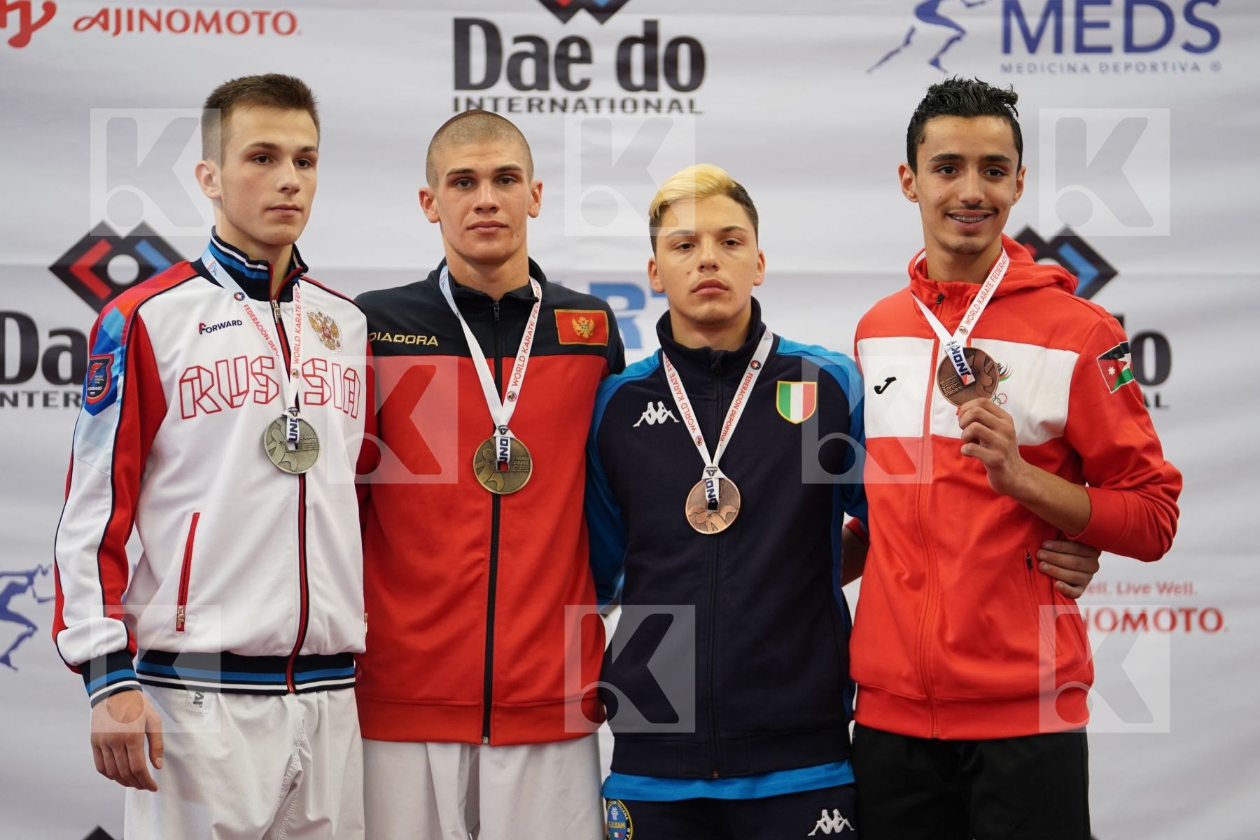 BOSKOVIC BOJAN (MONTENEGRO), GRETSKII DANIIL (RUSSIAN FEDERATION), MASARWEH HASAN (JORDAN), DE VIVO DANIELE (ITALY) in Junior Kumite Male -68 Kg - Podium ceremony