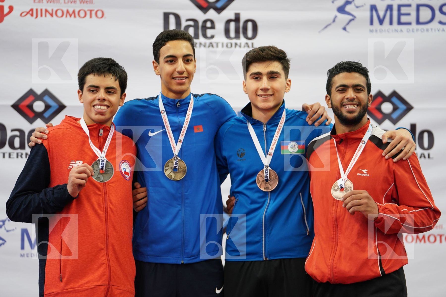 SRITI MEHDI (MOROCCO), GUERRA DIEGO (CHILE), HUSEYNZADE HUSEYN (AZERBAIJAN), MANSOUR MAHMOUD GABER (EGYPT) in Junior Kumite Male -76 Kg - Podium ceremony