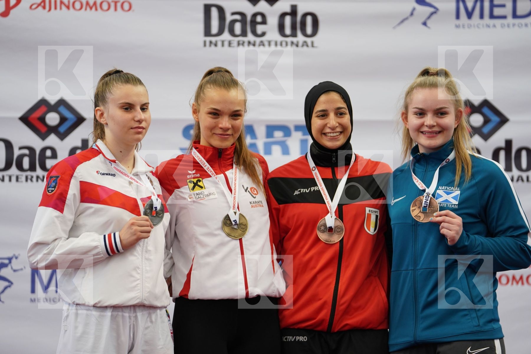 VUKOVIC MARINA (AUSTRIA), GOLUBEVA VALERIIA (RUSSIAN FEDERATION), ABOSHOWYKA NOUR EHAB (EGYPT), JUNNER NIAMH (SCOTLAND) in Junior Kumite Female 59+ Kg - Podium ceremony