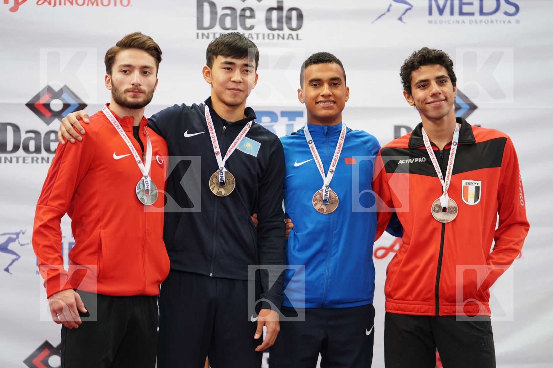 BATYRGALI ABILMANSUR (KAZAKHSTAN), OZER OMER ABDURRAHIM (TURKEY), ALAMI ANASS (MOROCCO), ABDELGAWAD ABDALLA HESHAM (EGYPT) in Under 21 Kumite Male -67 Kg - Podium ceremony