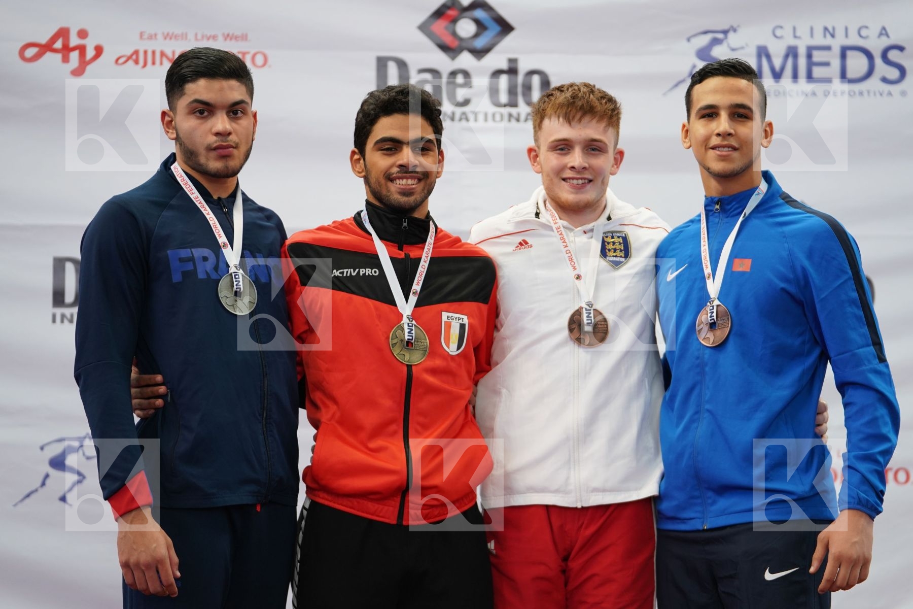 MAHMOUD TAHA TAREK (EGYPT), FILALI MEHDI (FRANCE), EL BAHRY MOHAMMED (MOROCCO), CARR BRANDON (ENGLAND) in Under 21 Kumite Male 84+ Kg - Podium ceremony