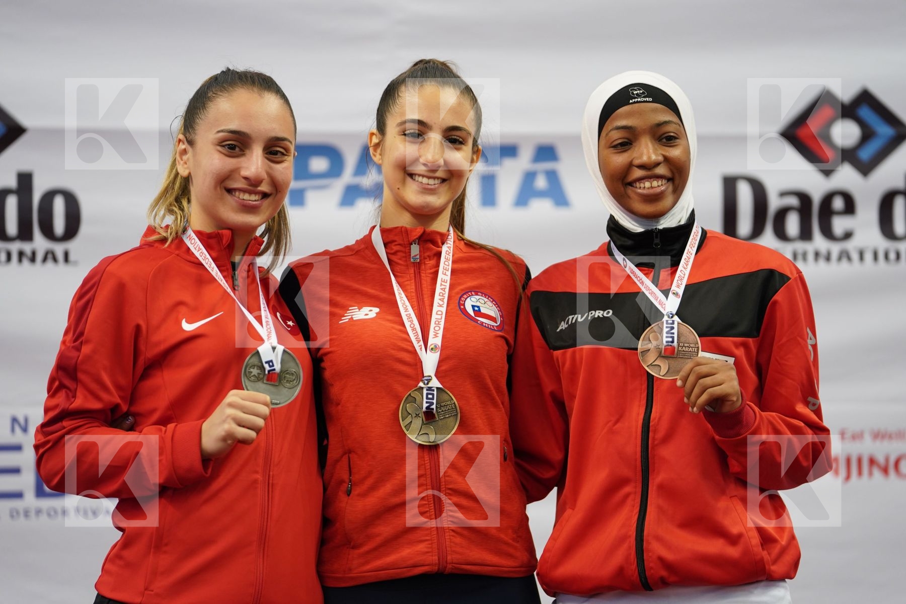 TORO MENESES VALENTINA (CHILE), DEMIRTURK GULSEN (TURKEY), YOUSSEF AHLAM (EGYPT) in Under 21 Kumite Female -55 Kg - Podium ceremony