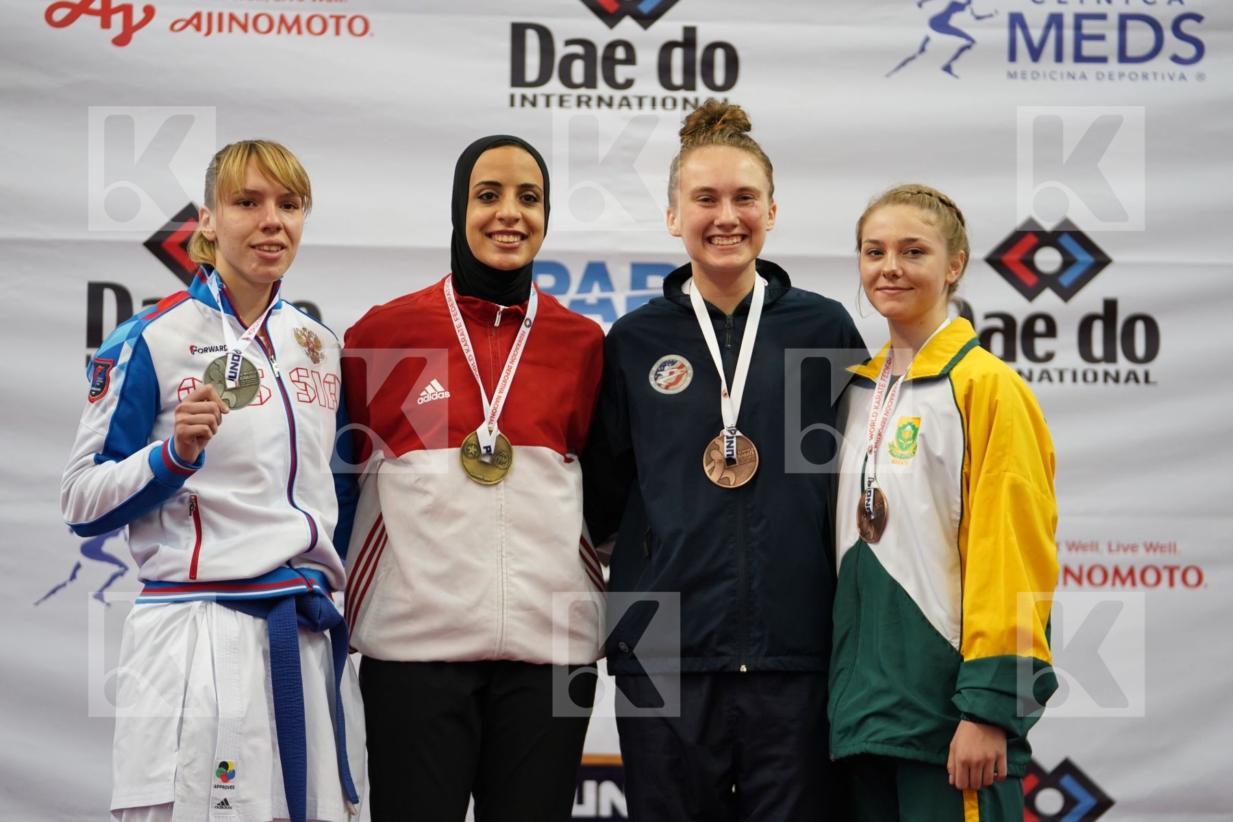 ABDELAZIZ FERYAL (EGYPT), ISAEVA VICTORIA (RUSSIAN FEDERATION), VAN WYK DANIELLE (SOUTH AFRICA), LINGL SKYLAR (UNITED STATES) in Under 21 Kumite Female -68 Kg - Podium ceremony