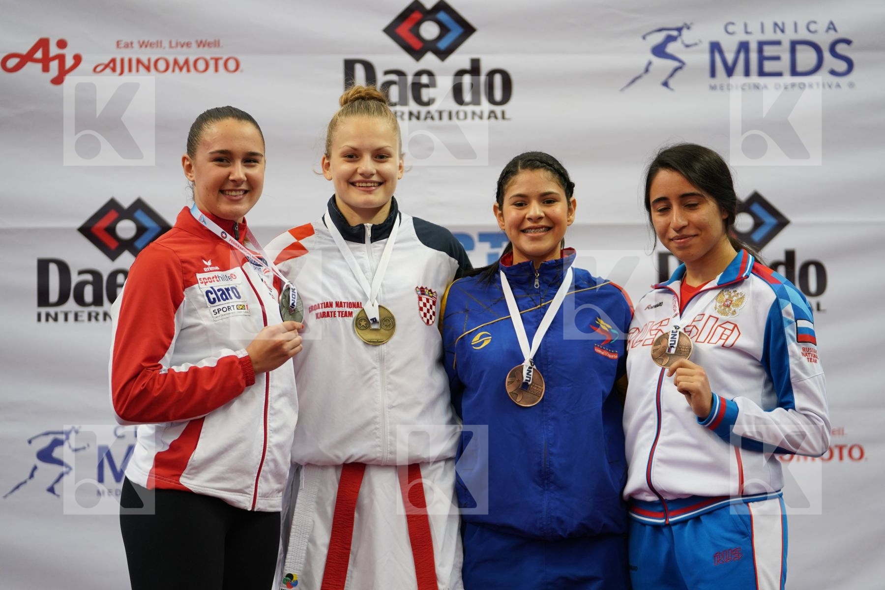 LESJAK LUCIJA (CROATIA), ZILLER LORA (AUSTRIA), KHALIMOVA SUNITA (RUSSIAN FEDERATION), RODRIGUEZ MARIQUE NOMIS (VENEZUELA) in Under 21 Kumite Female 68+ Kg - Podium ceremony